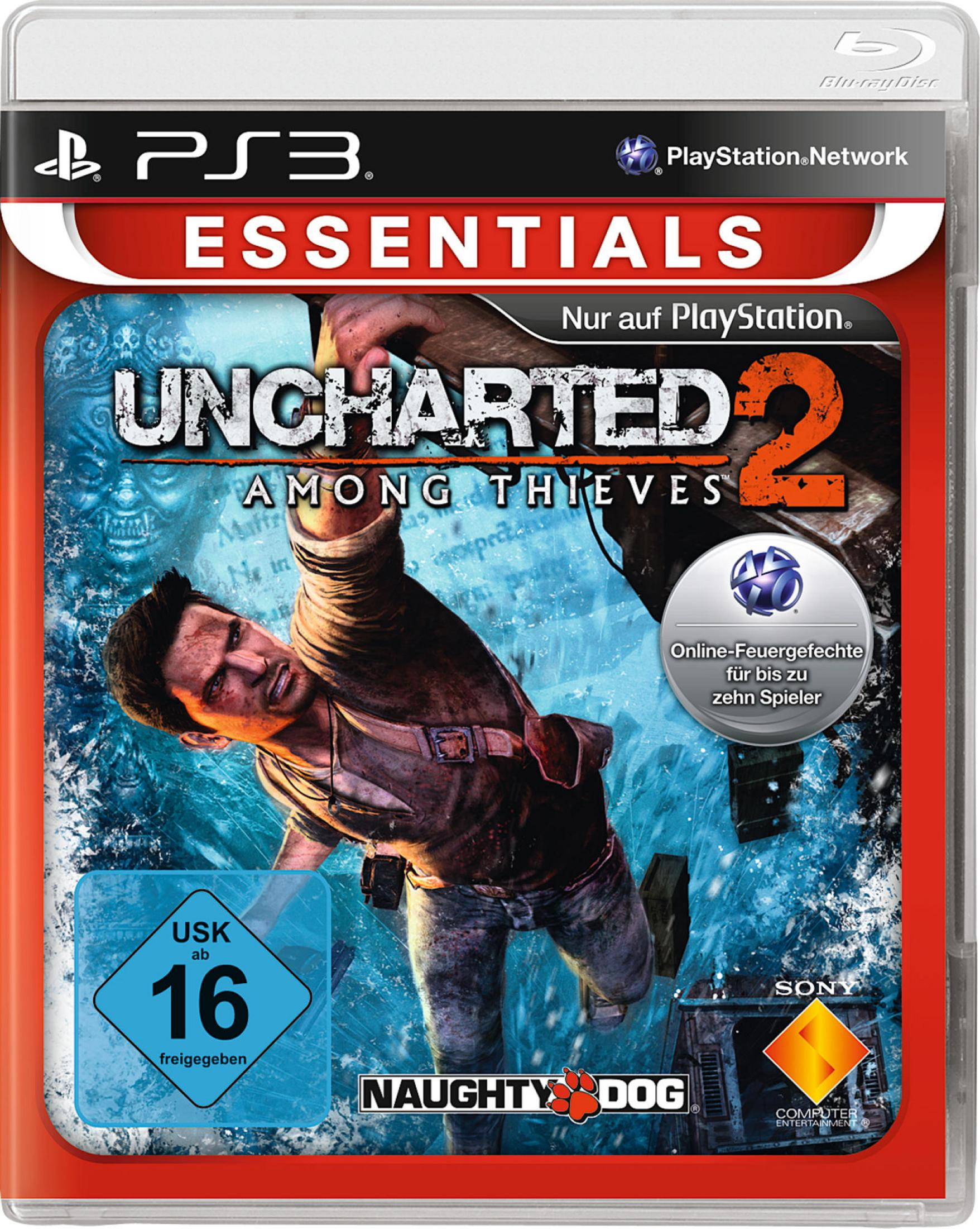 Uncharted 2 PS3 Spielhülle. Ein Mann hängt an einer Kante. Enthält die USK 16-Einstufung.