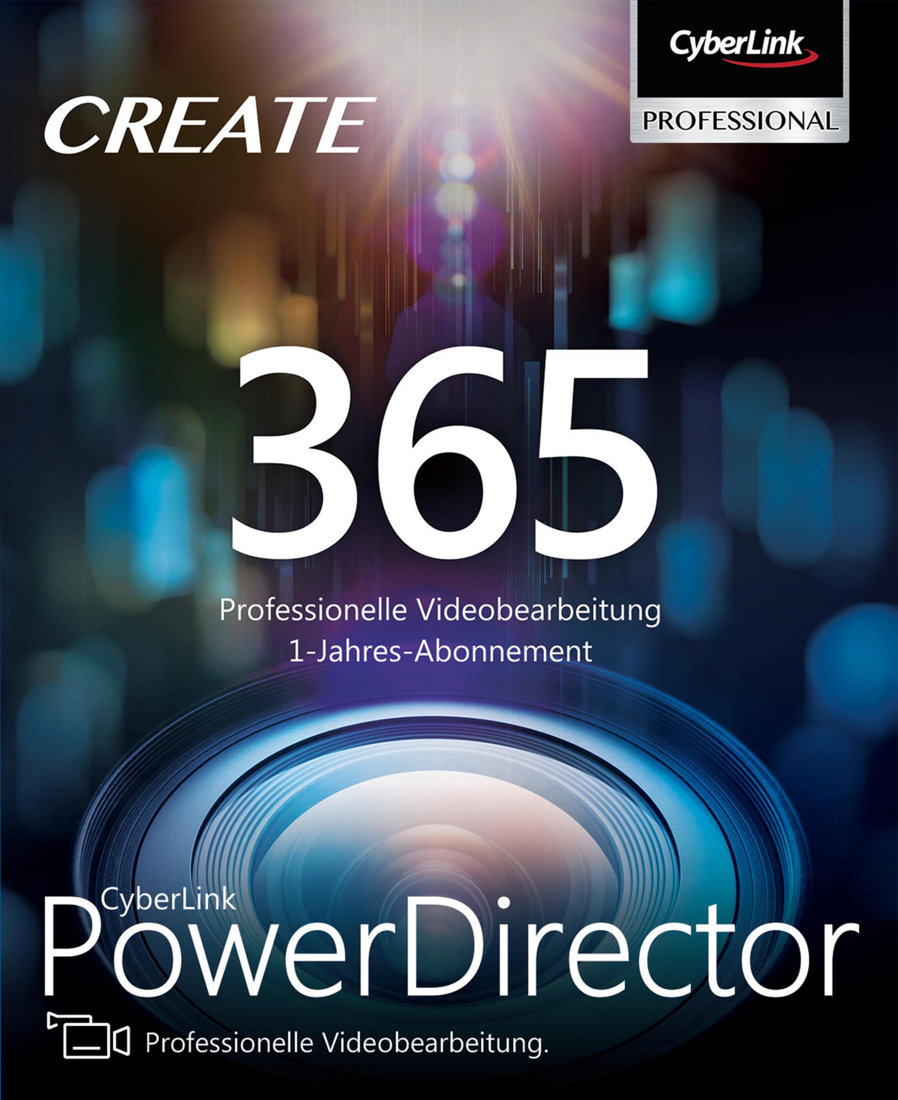 Confezione di CyberLink PowerDirector 365. Grande numero 365. Grafica della lente. Testo e logo in basso.
