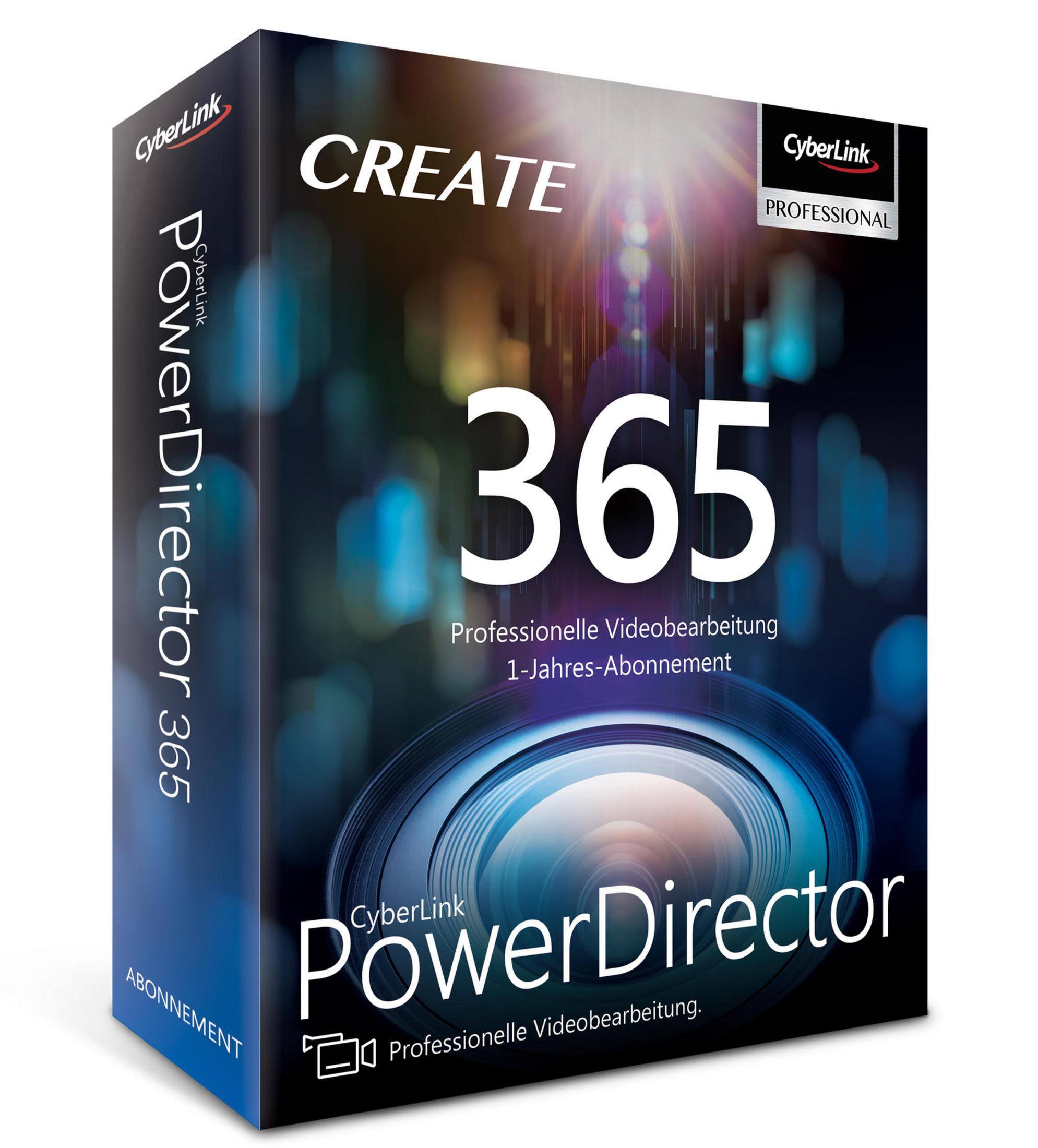 Confezione di CyberLink PowerDirector 365. Grande numero 365. Grafica della lente. Testo e logo in basso.