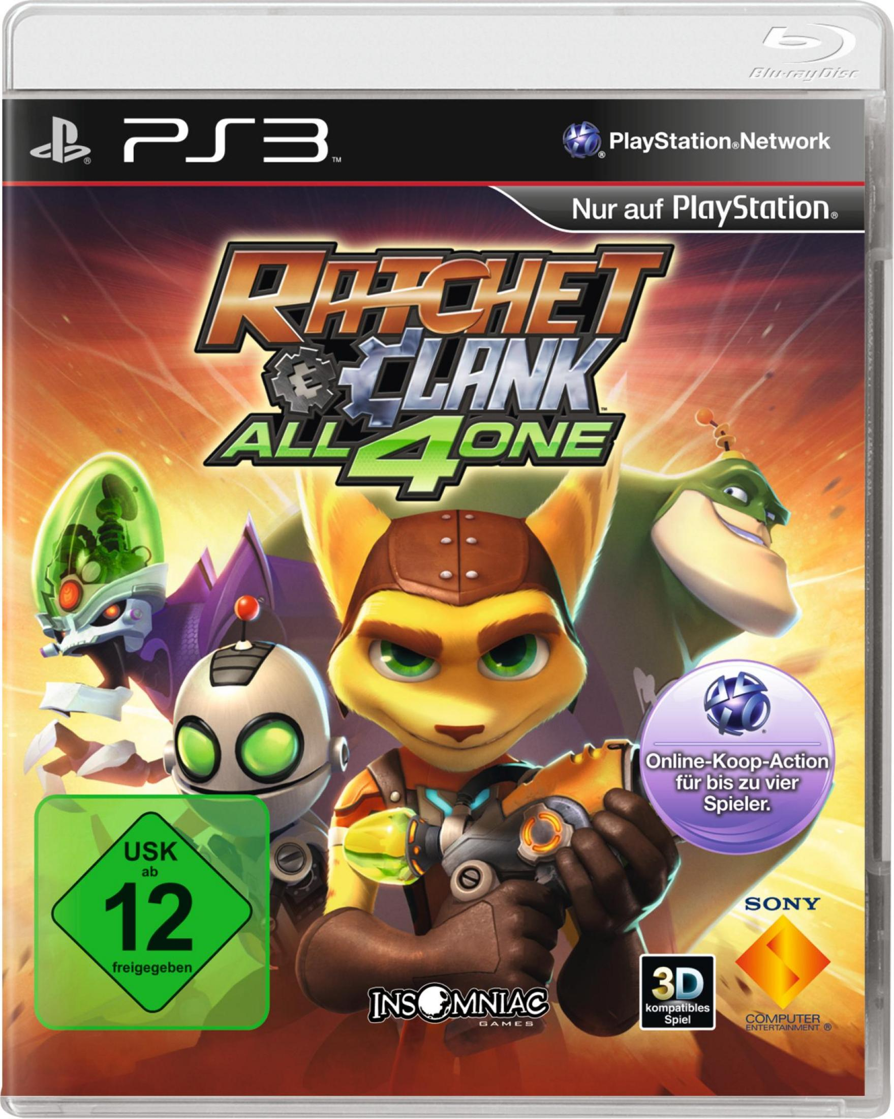 Ratchet & Clank: All 4 One-Spielcover. Hauptfiguren. ESRB-Bewertung und Playstation Network-Logo.
