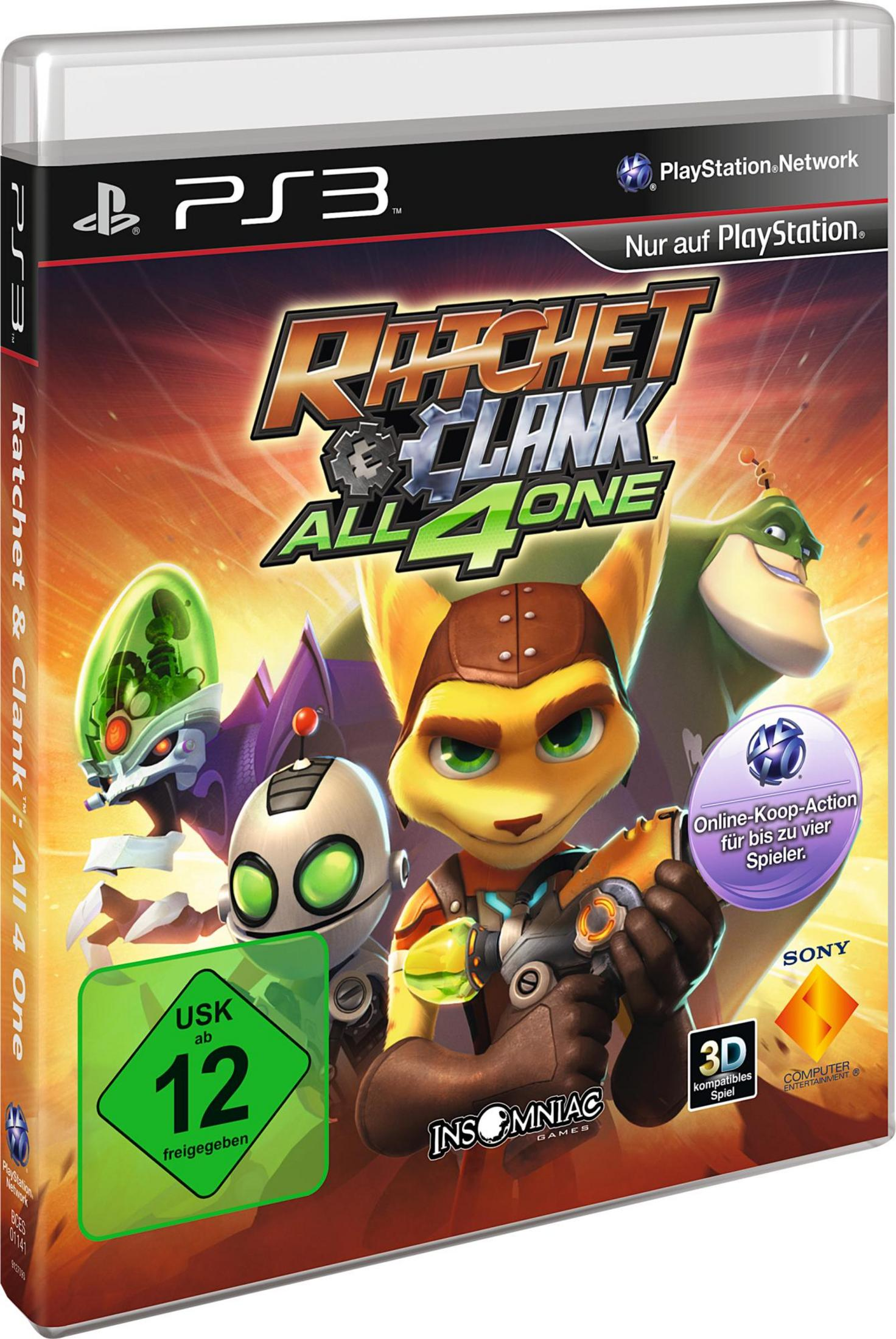 Ratchet & Clank: All 4 One-Spielcover. Hauptfiguren. ESRB-Bewertung und Playstation Network-Logo.
