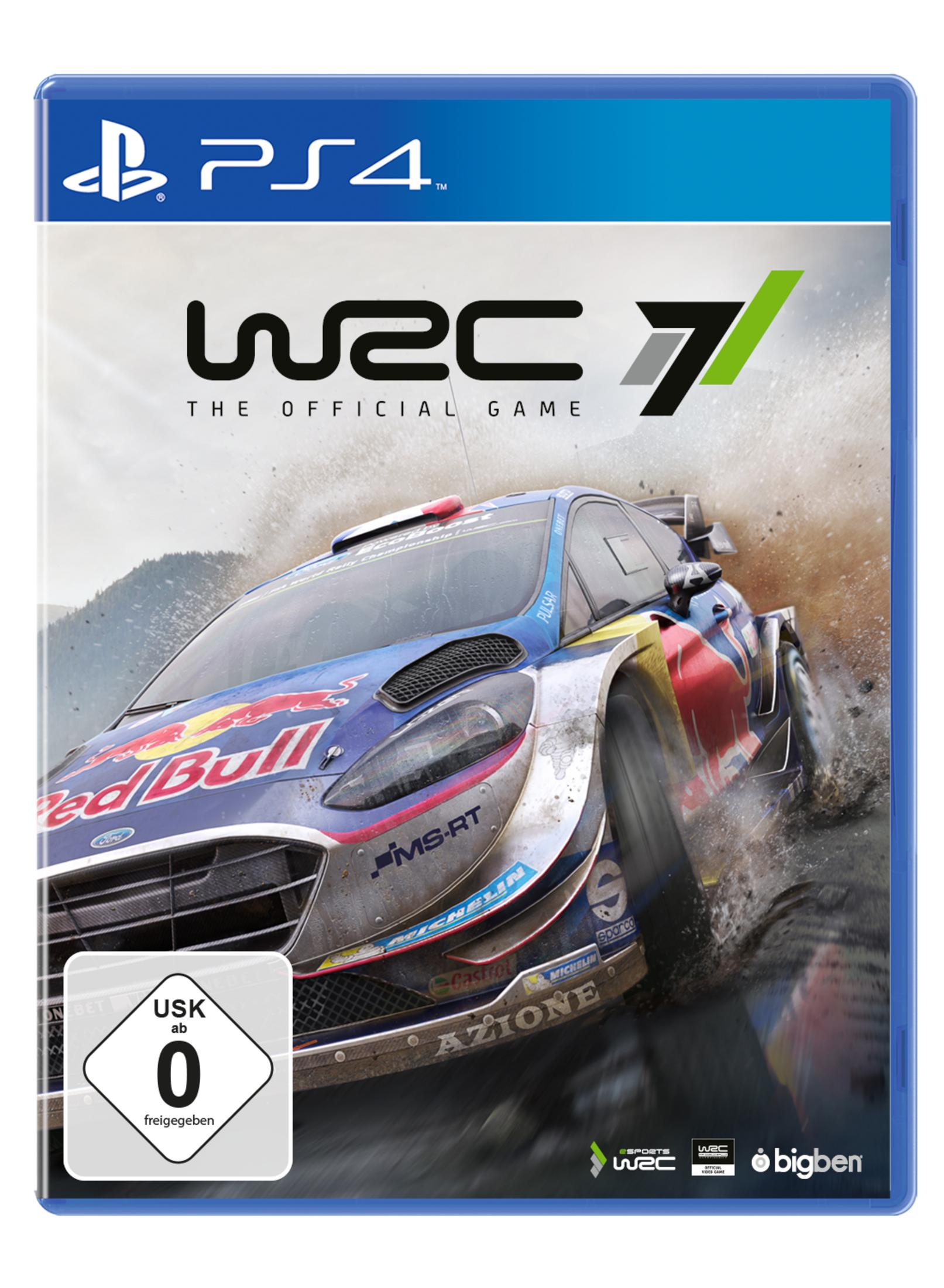 Videospielbox für PS4 WRC 7. Ein Rallyeauto rast auf einer unbefestigten Straße und wirbelt Staub auf.