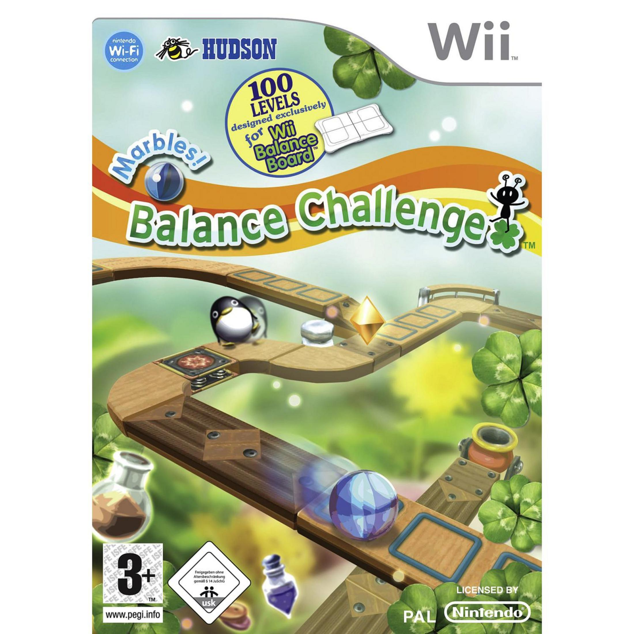 Wii-Spielbox für Marbles! Balance Challenge. Eine Murmelbahn mit Pinguin, Kugel und buntem Hintergrund.