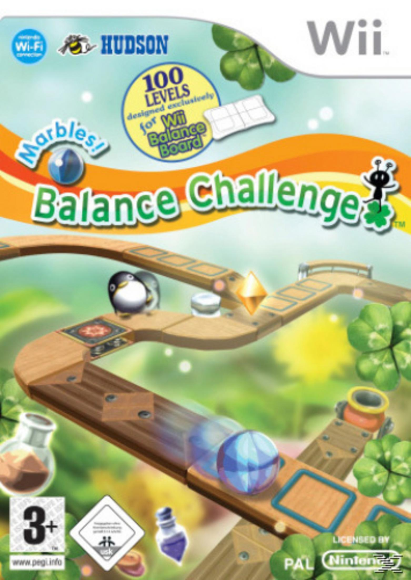 Wii-Spielbox-Art. Titel 'Balance Challenge', eine blaue Murmel, die auf einer Holzstrecke mit einem Pinguin rollt.