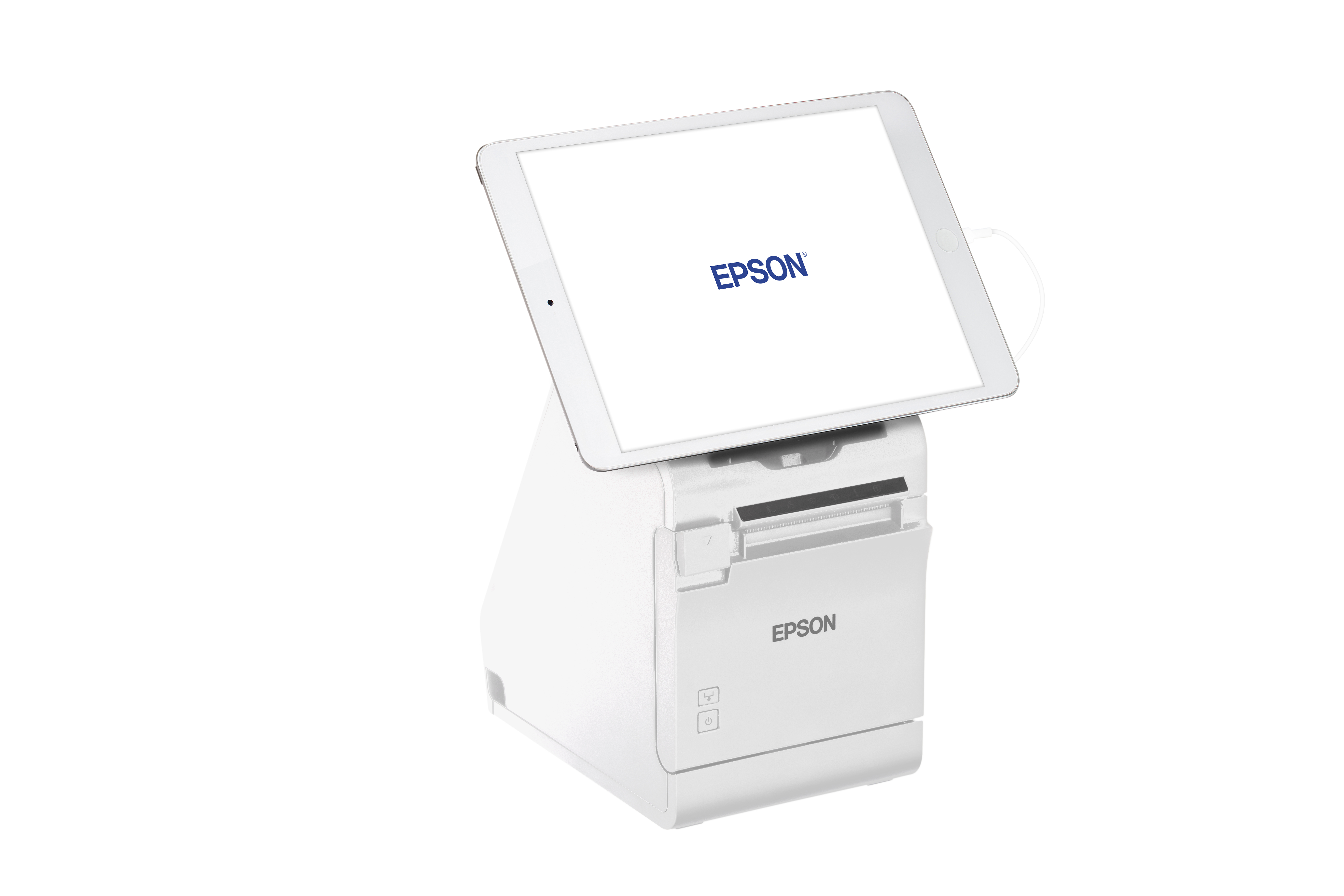 Biała drukarka Epson z dołączonym tabletem. Tablet wyświetla logo Epson.
