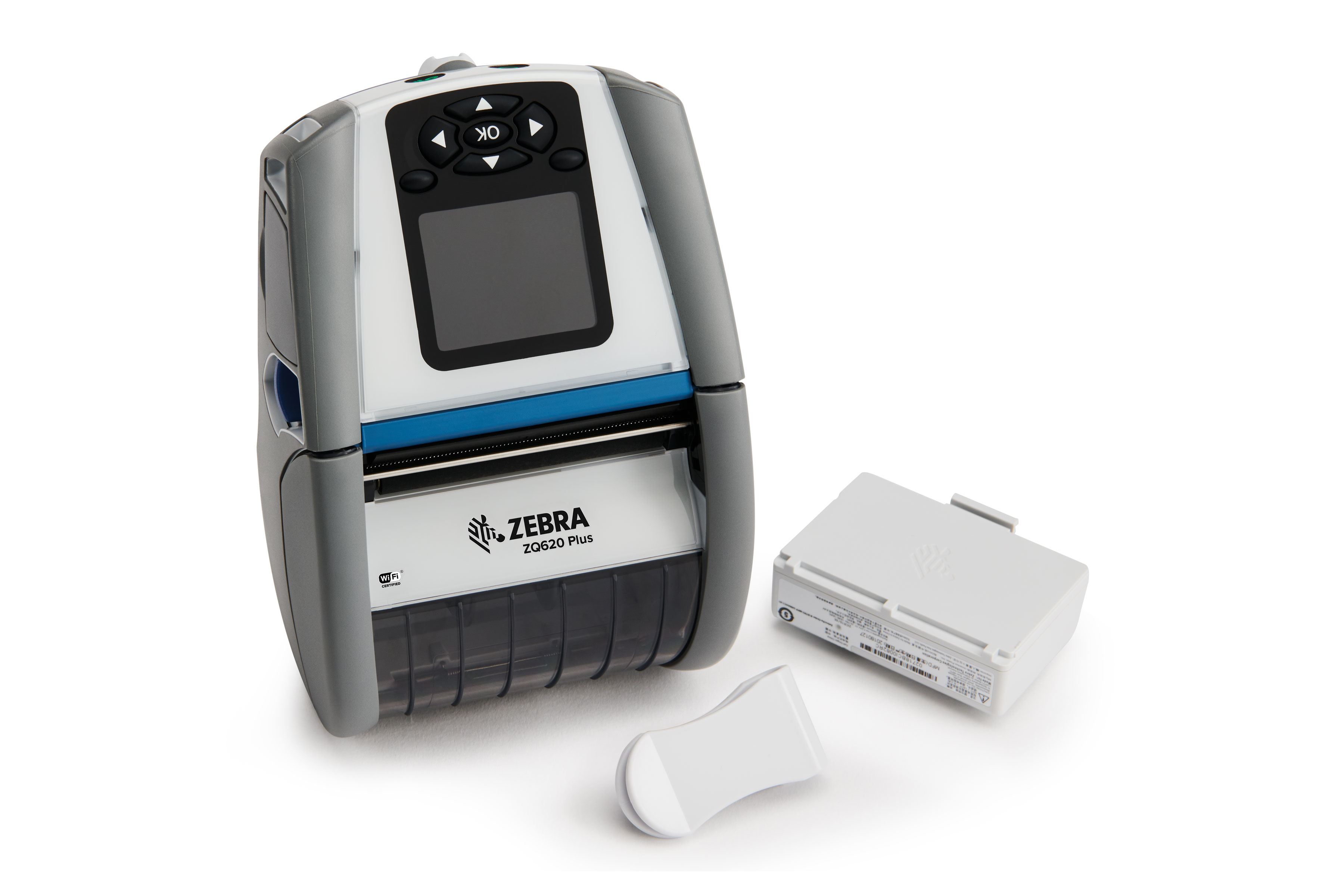Stampante per etichette Zebra ZQ620 Plus. È bianca e grigia, con un piccolo schermo e pulsanti.