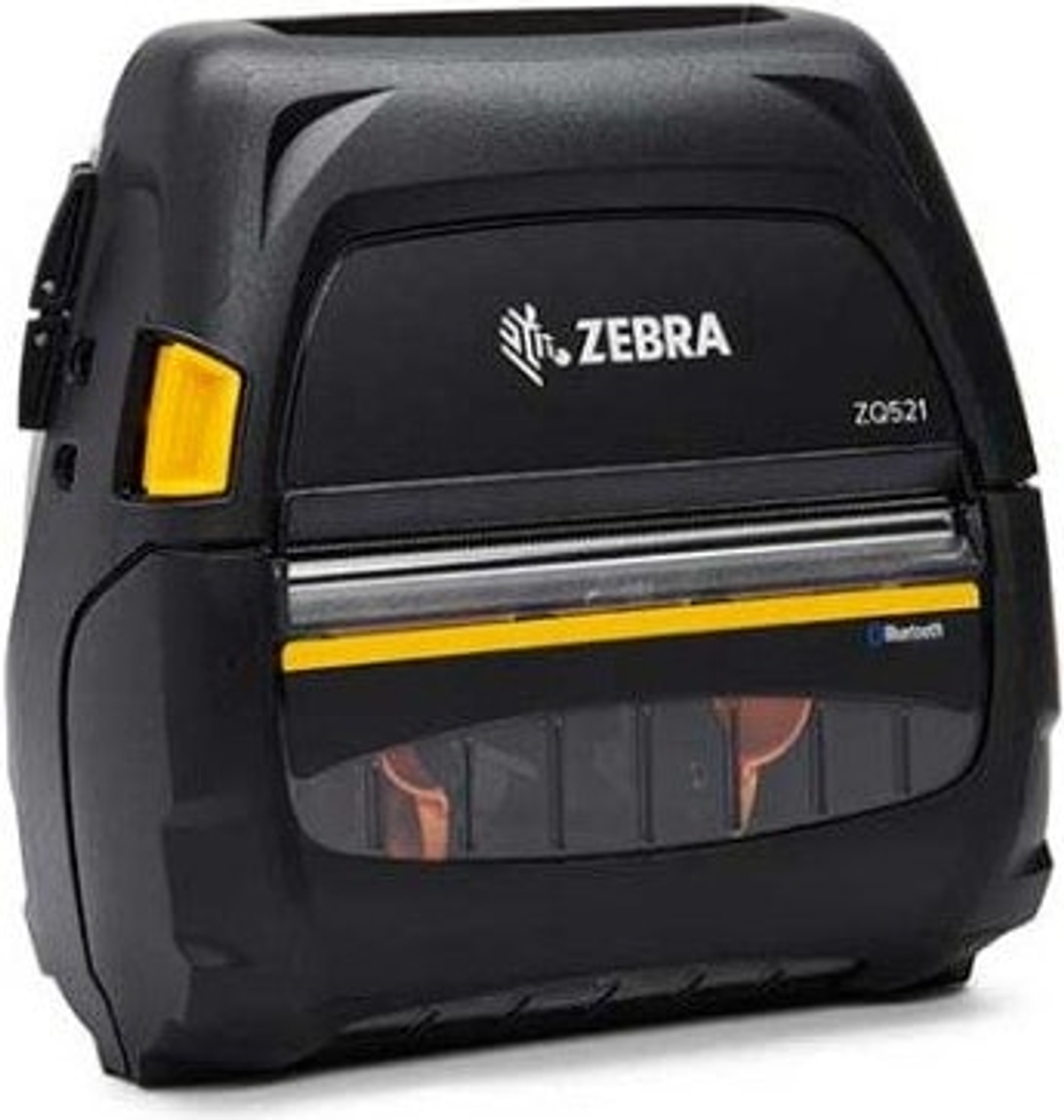 Czarna drukarka Zebra ZQ521 z żółtym akcentem. Jest na białym tle.