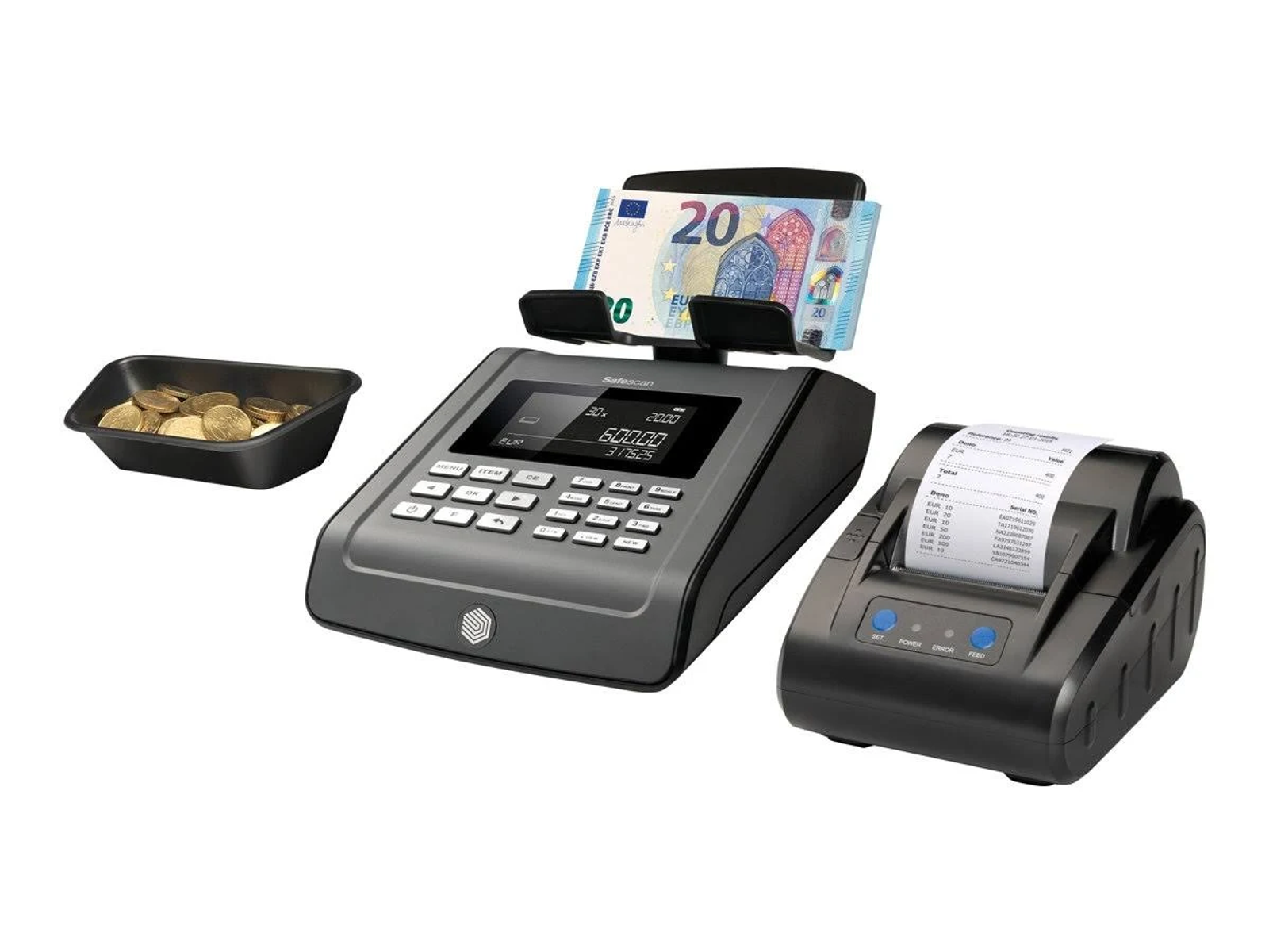 Maszyna do liczenia pieniędzy Safescan i drukarka paragonów z banknotem dwudziestoeuroym są wyświetlane na białym tle.