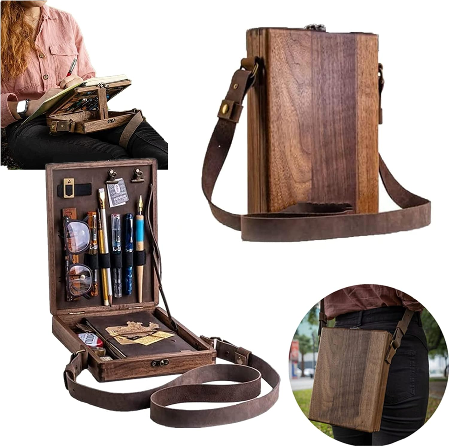 Holzkunstbox mit Stiften, Brille und Riemen. Eine Person hält eine.