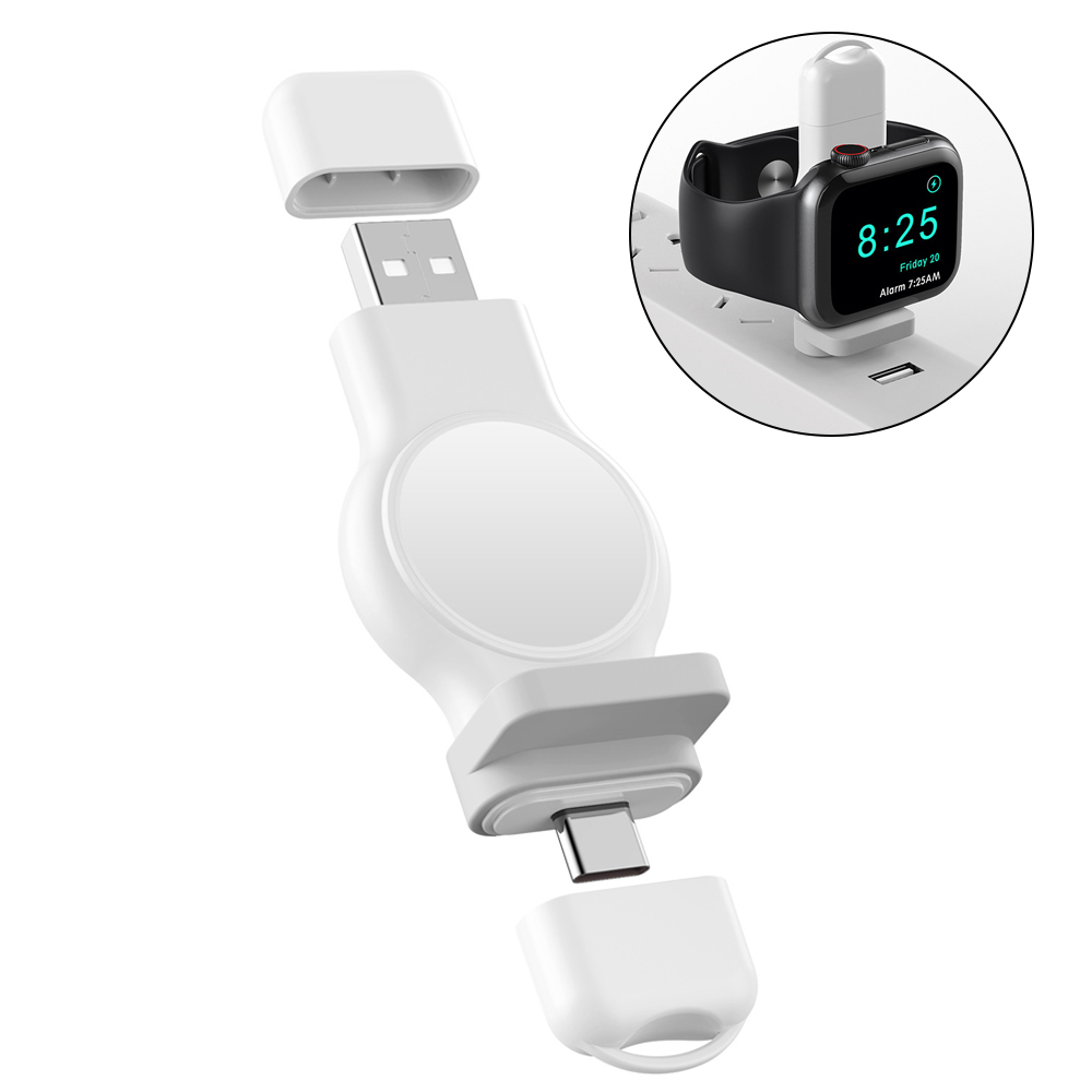 Weißer Multi-Anschluss mit USB und USB-C. Er hat eine weiße kreisförmige Oberseite. Apple Watch lädt.