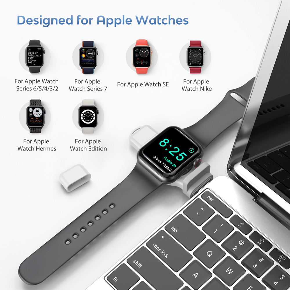 Bild von verschiedenen Apple Watches und einem weißen Ladegerät.