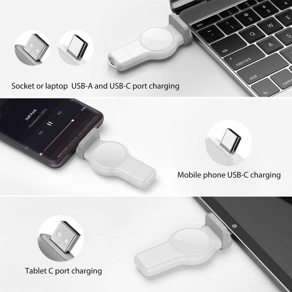 Weißer Multi-Anschluss mit USB- und USB-C-Anschlüssen. Zum Aufladen verschiedener Geräte verwendet, in Verwendung gezeigt.