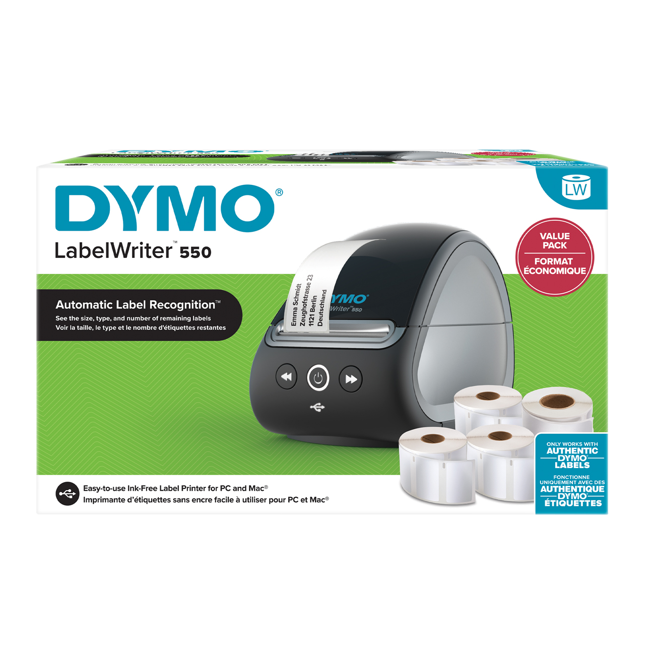 Una stampante per etichette DYMO LabelWriter 550 con un pacco valore. Ci sono rotoli di etichette a destra.