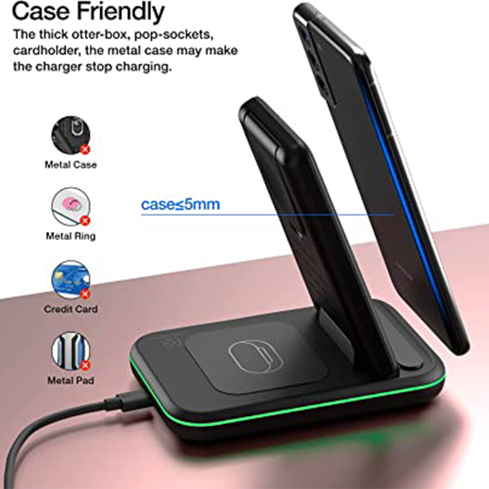 Schwarzer kabelloser Ladeständer mit Telefonladefunktion, der das gehäusefreundliche Design und die Metallpad-Funktionen hervorhebt.