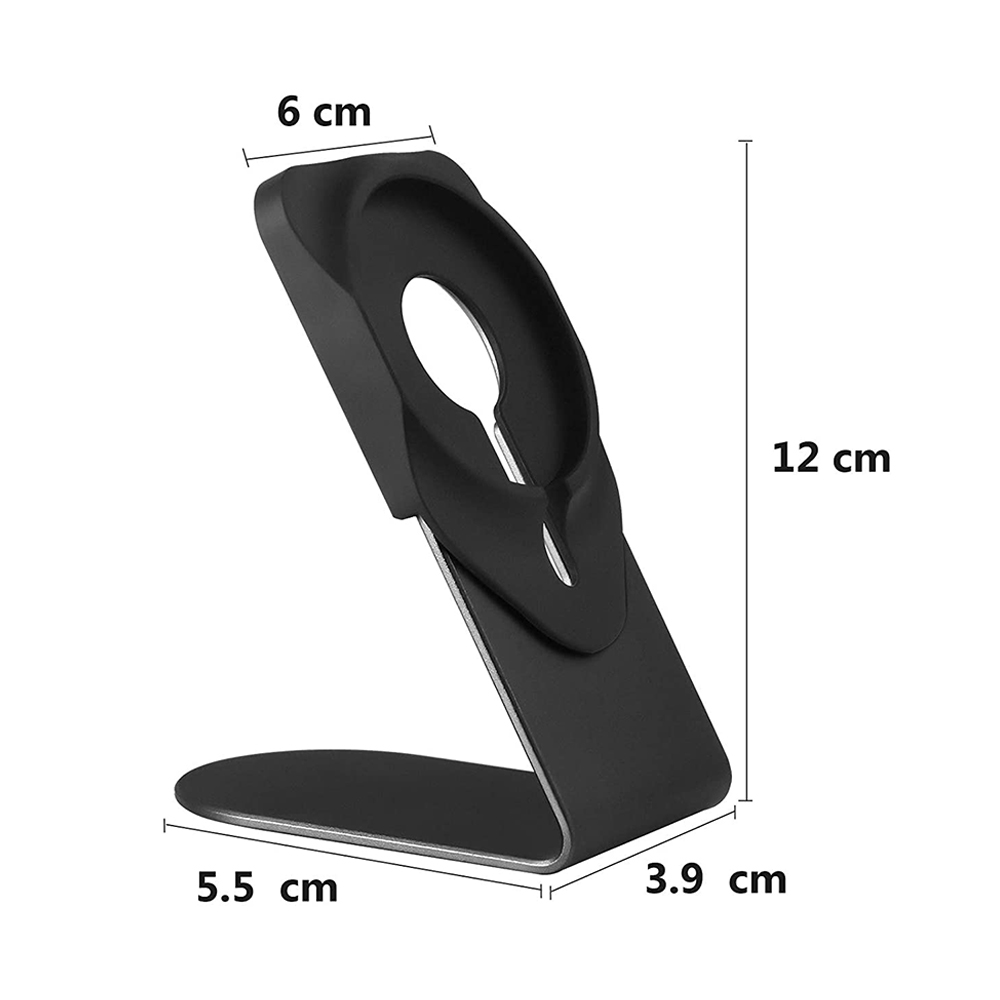 Schwarzer Telefonständer mit Abmessungen: 6 cm Breite, 12 cm Höhe, 5,5 cm Basisbreite, 3,9 cm Basistiefe.