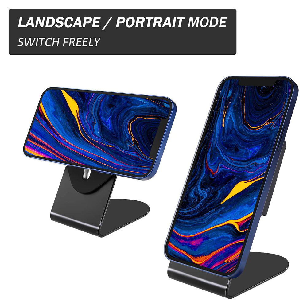 Zwei Telefone auf schwarzen Ständern zeigen blaue abstrakte Kunst, Text lautet 'Landscape/Portrait Mode'.
