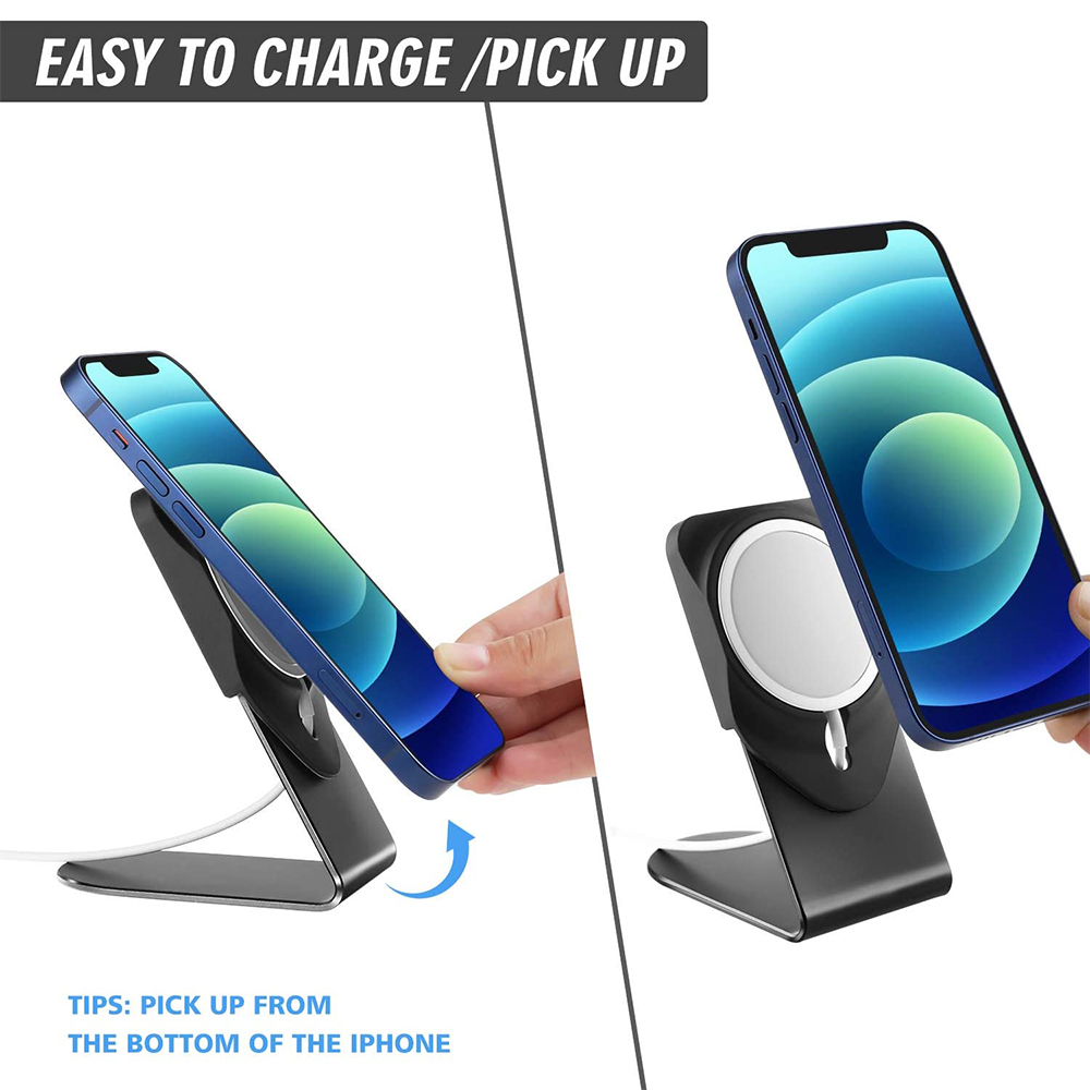 Zwei Bilder zeigen Telefon auf schwarzem Ladeständer, Hand nimmt Telefon auf, Text lautet 'Easy to Charge'.