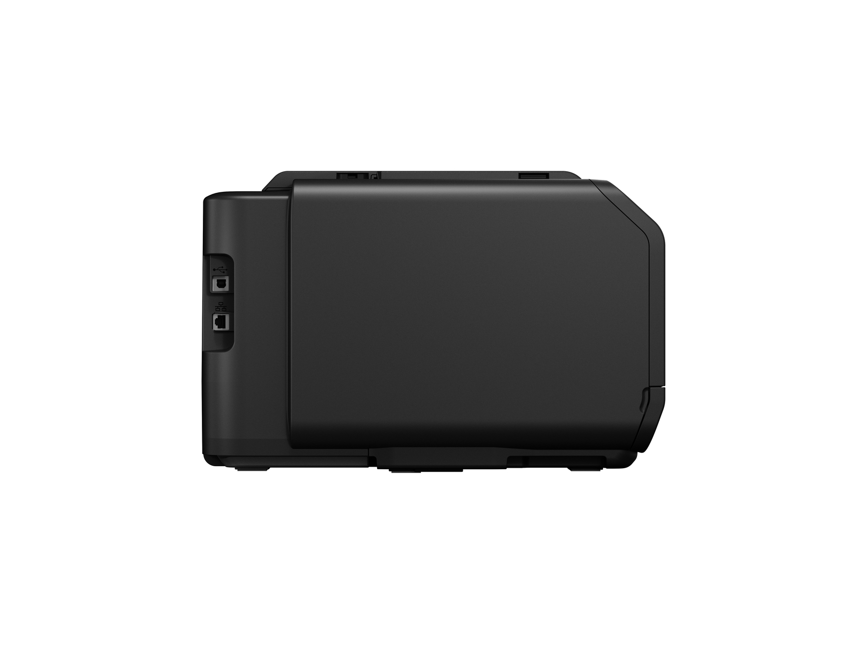 Widok z boku czarnej drukarki z portami i przyciskami na białym tle.