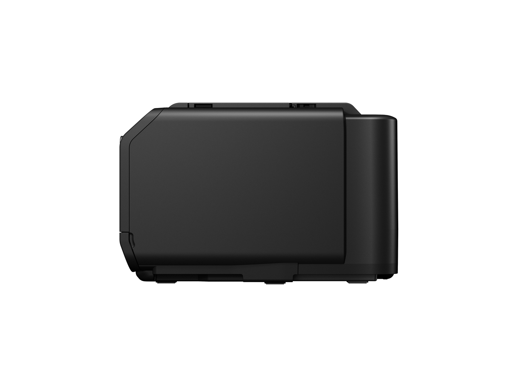 Czarna drukarka widziana z boku. Jest prostokątna, z lekkim zakrzywieniem na górze.