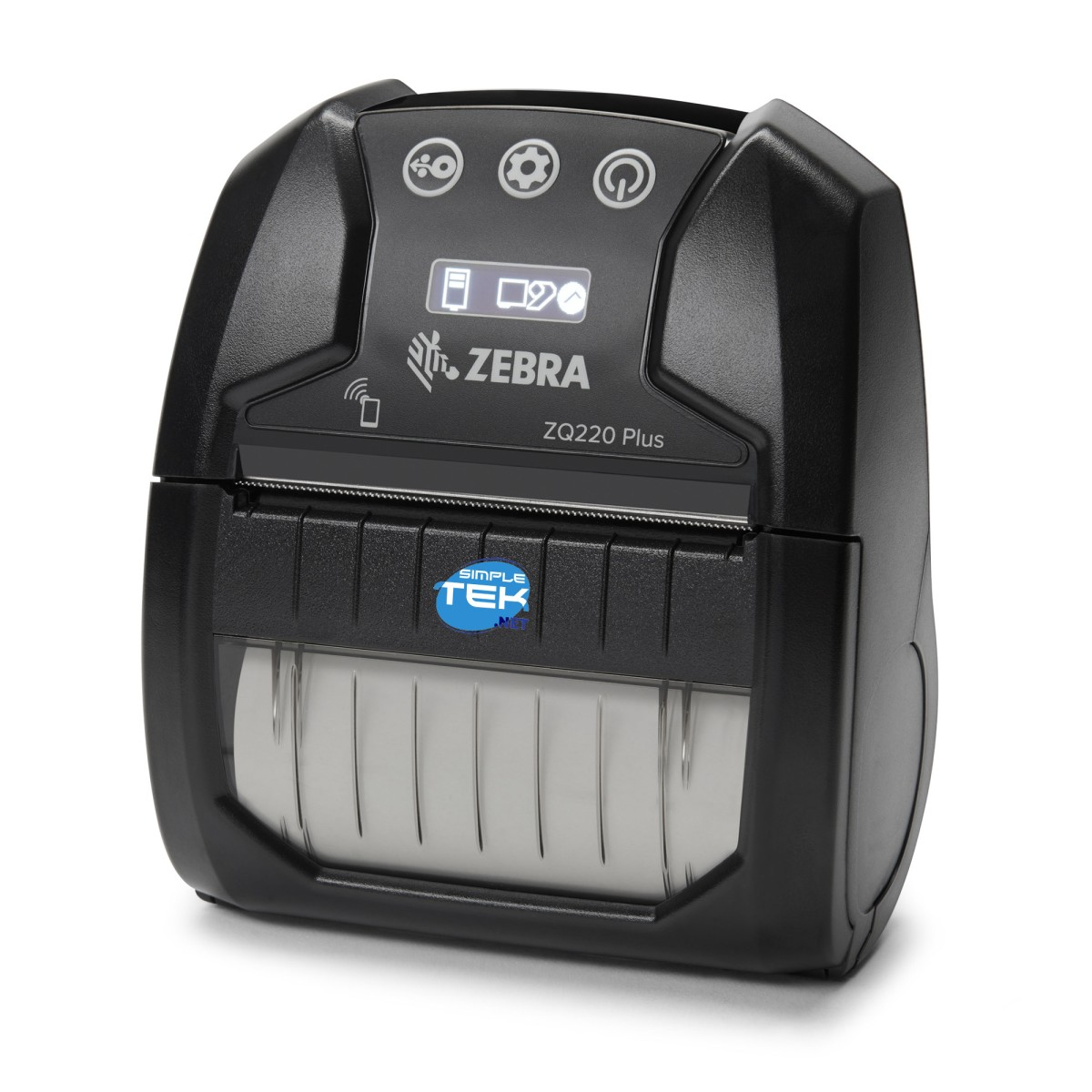 Una stampante mobile Zebra ZQ220 Plus nera, vista frontale.