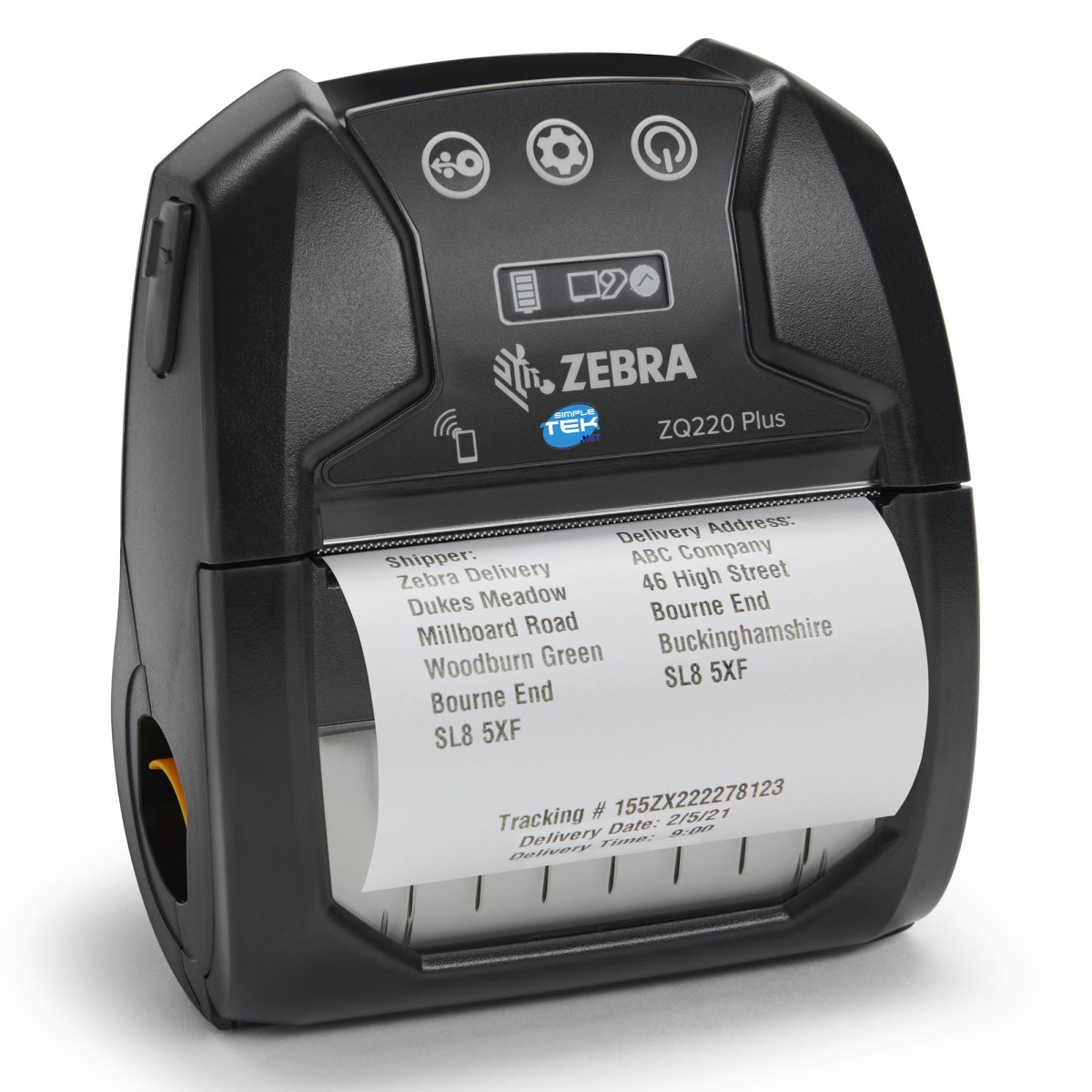 Una stampante nera Zebra ZQ220 Plus con un'etichetta stampata che mostra le informazioni di spedizione.