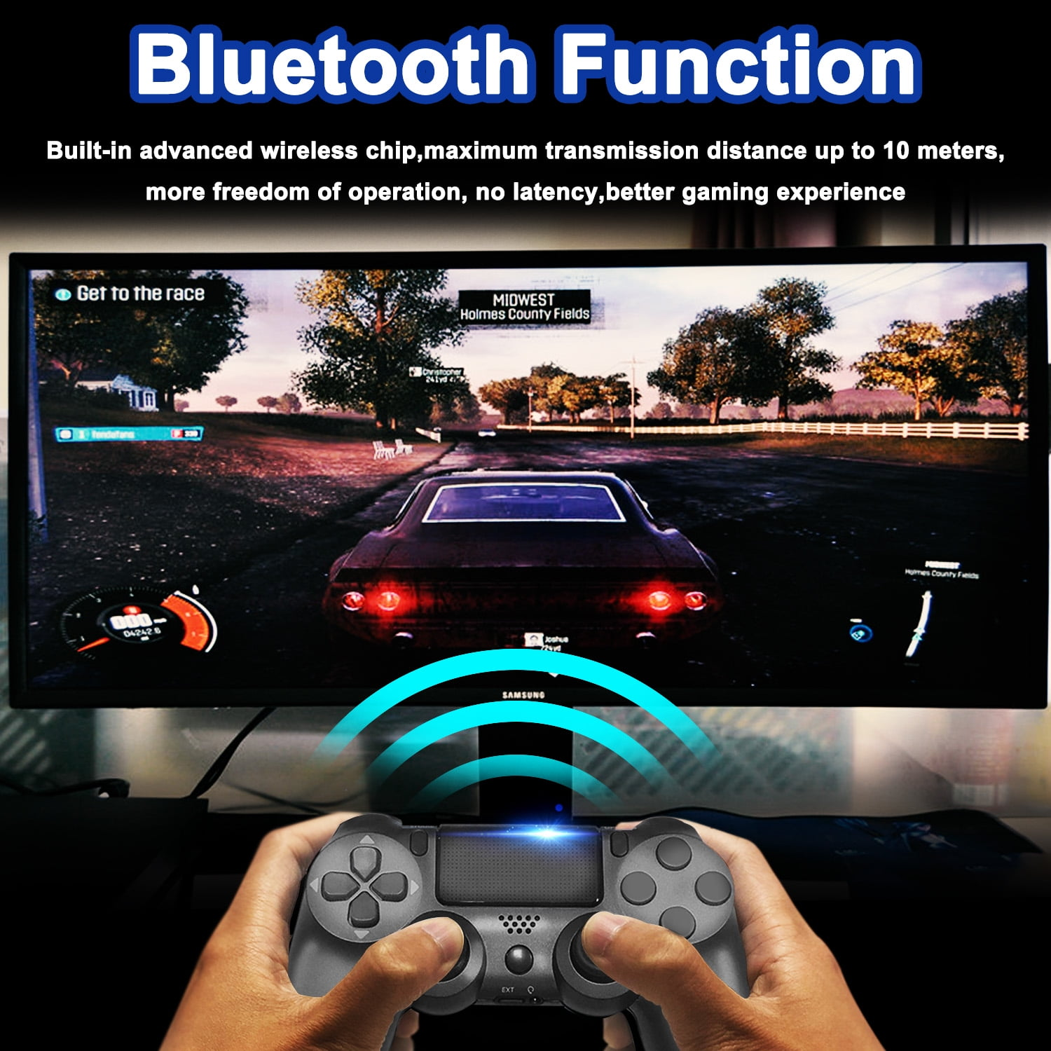 Eine Person, die einen PlayStation 4-Controller hält, während sie ein Rennspiel auf einem Monitor spielt.