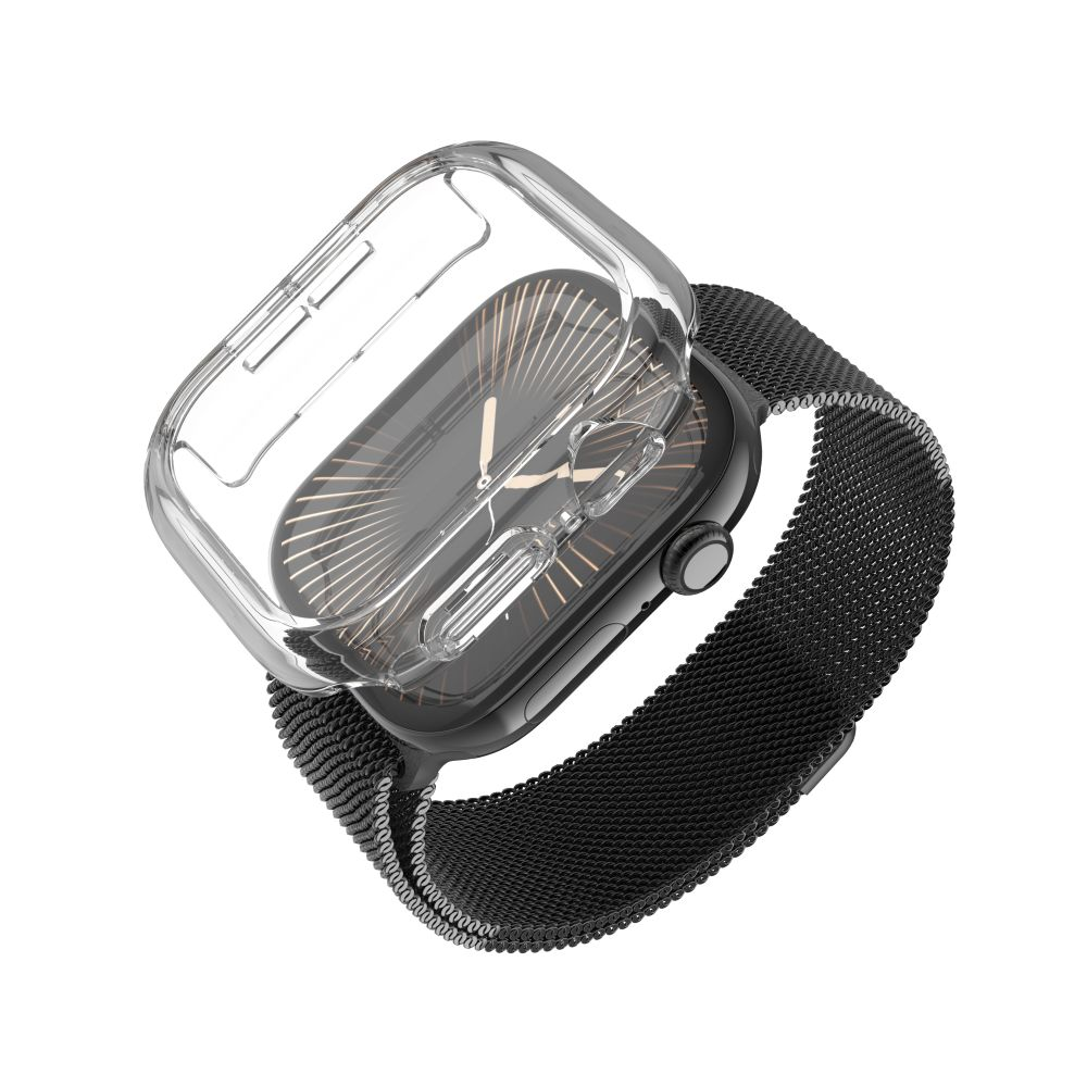 Eine schwarze Apple Watch auf weißem Hintergrund mit einer durchsichtigen Plastikabdeckung auf dem Zifferblatt.