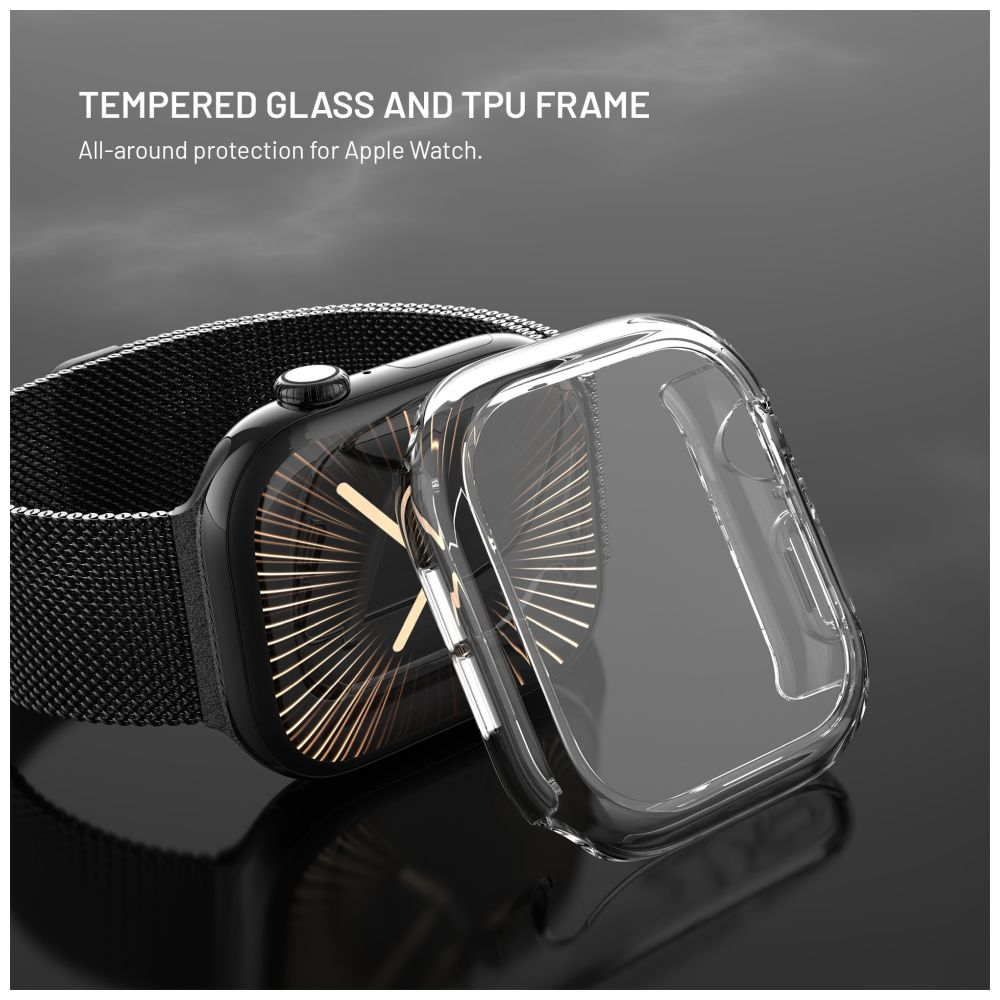 Apple Watch und transparente Hülle. Schwarzes Armband, Hülle oben drauf.