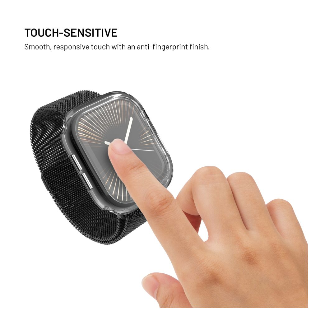 Hand berührt Apple Watch. Schwarzes Armband, transparente Hülle. Finger auf dem Bildschirm.