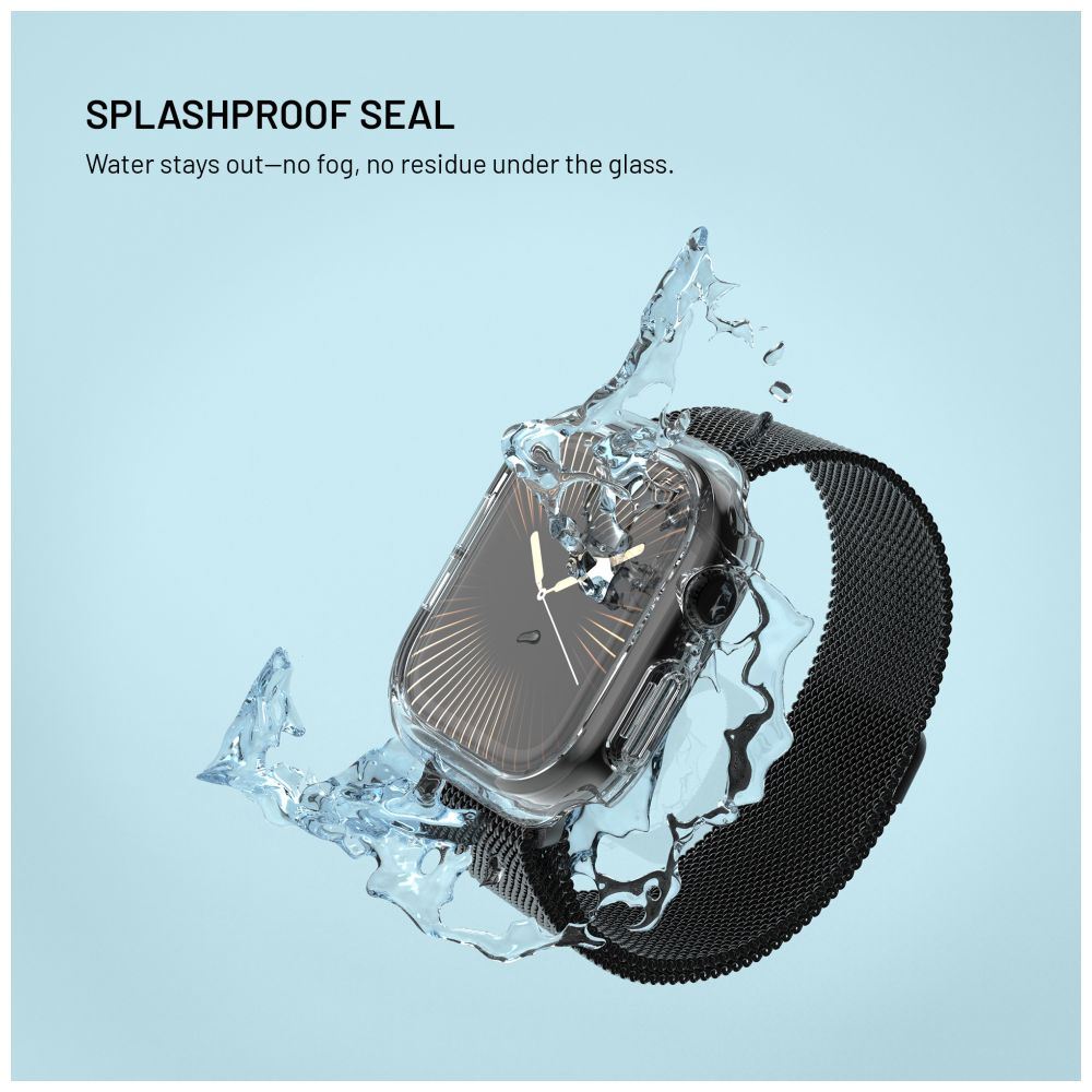 Apple Watch mit Wasserspritzer. Schwarzes Armband, transparente Hülle, Wasser darum herum.