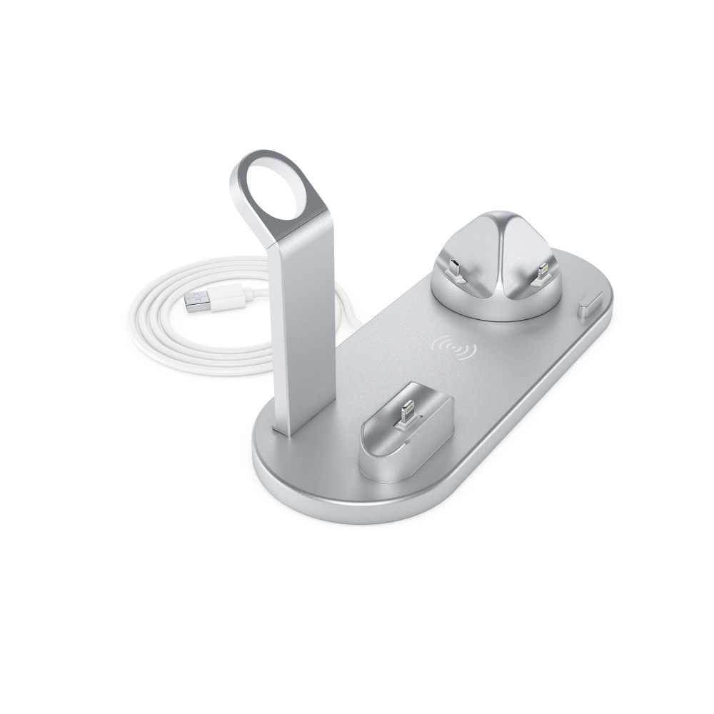 Silberne Ladestation. Ständer für Apple Watch, iPhone und Ladepad.