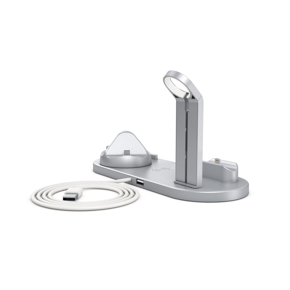 Silberne Ladestation. Ständer für Apple Watch, iPhone und Ladepad.
