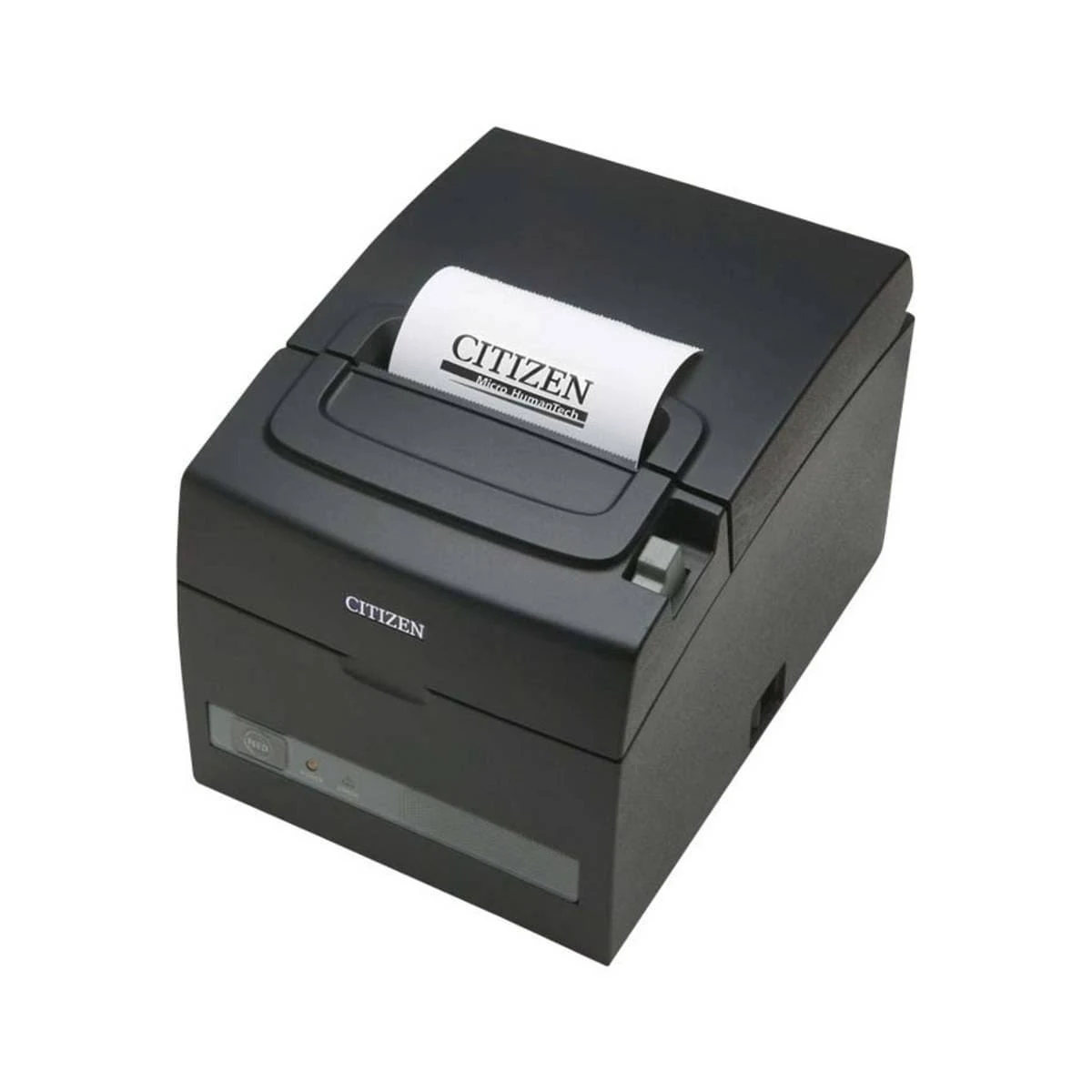 Stampante Citizen nera. Stampante termica con fessura di uscita carta sopra.