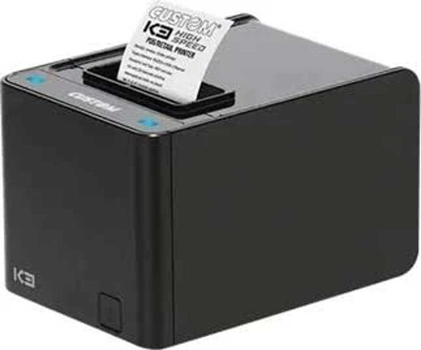 Czarna kwadratowa drukarka Custom z wystającym paragonem papierowym.