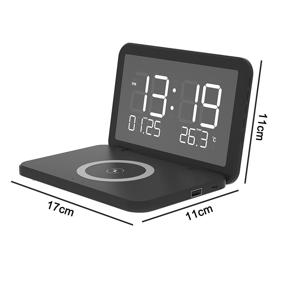 Eine schwarze Digitaluhr mit kabelloser Ladestation. Abmessungen und Maße sind angegeben.