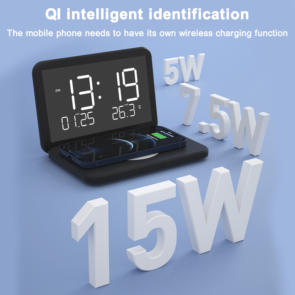 Eine schwarze Digitaluhr mit Telefonladung, mit 5W, 7,5W und 15W kabellosen Ladeoptionen.