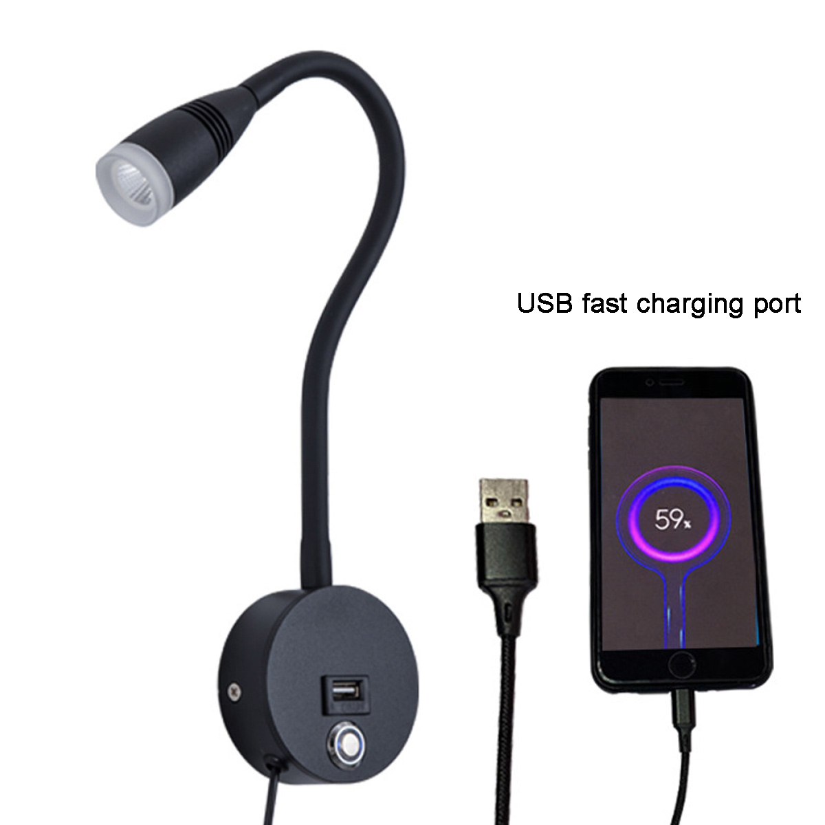 Eine schwarze Wandlampe mit USB-Anschluss, ein Telefon wird geladen.