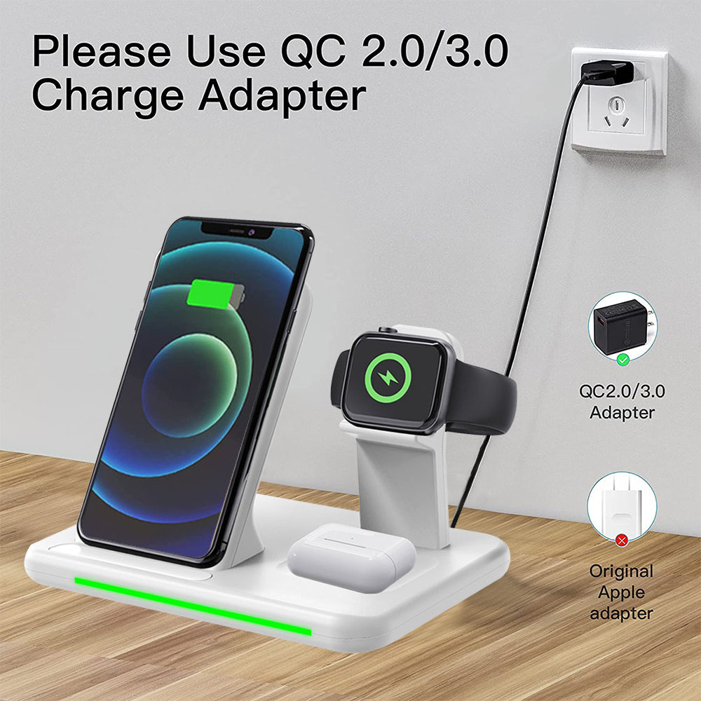 Eine Ladestation mit Telefon, Uhr und Ohrhörern, die die Kompatibilität mit verschiedenen Geräten und Adapterempfehlungen zeigt.