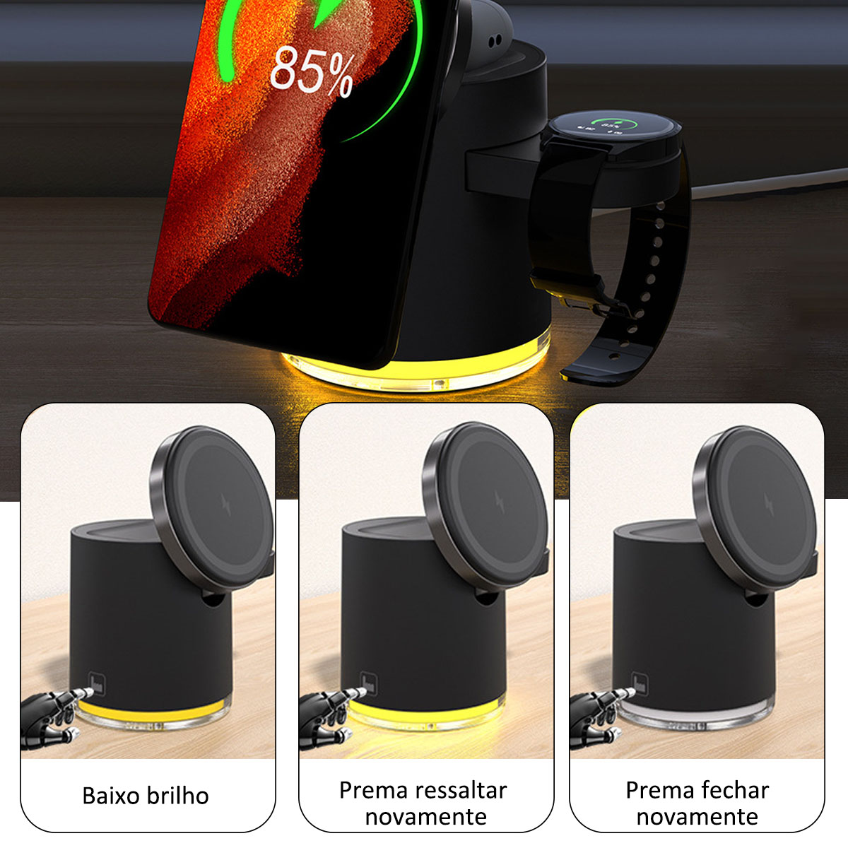 Eine Ladestation mit einem Telefon bei 85 % und einer aufladenden Uhr, wobei verschiedene Helligkeitseinstellungen unten angezeigt werden.