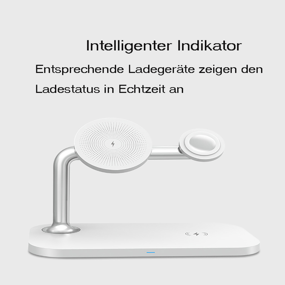 Eine weiße Ladestation mit einem aufladenden Telefon und einer Uhr, die über eine intelligente Anzeige für den Ladestatus verfügt.