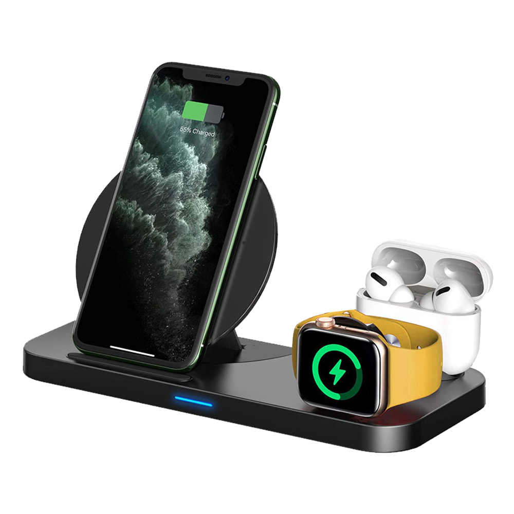 Schwarze Ladestation mit Telefon, Uhr und Ohrhörern. Die Uhr hat ein gelbes Armband.