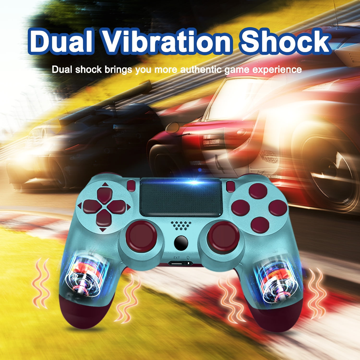 Ein blauer Gamecontroller wird vor einem Rennspielhintergrund gezeigt, der den doppelten Vibrationsschock hervorhebt.