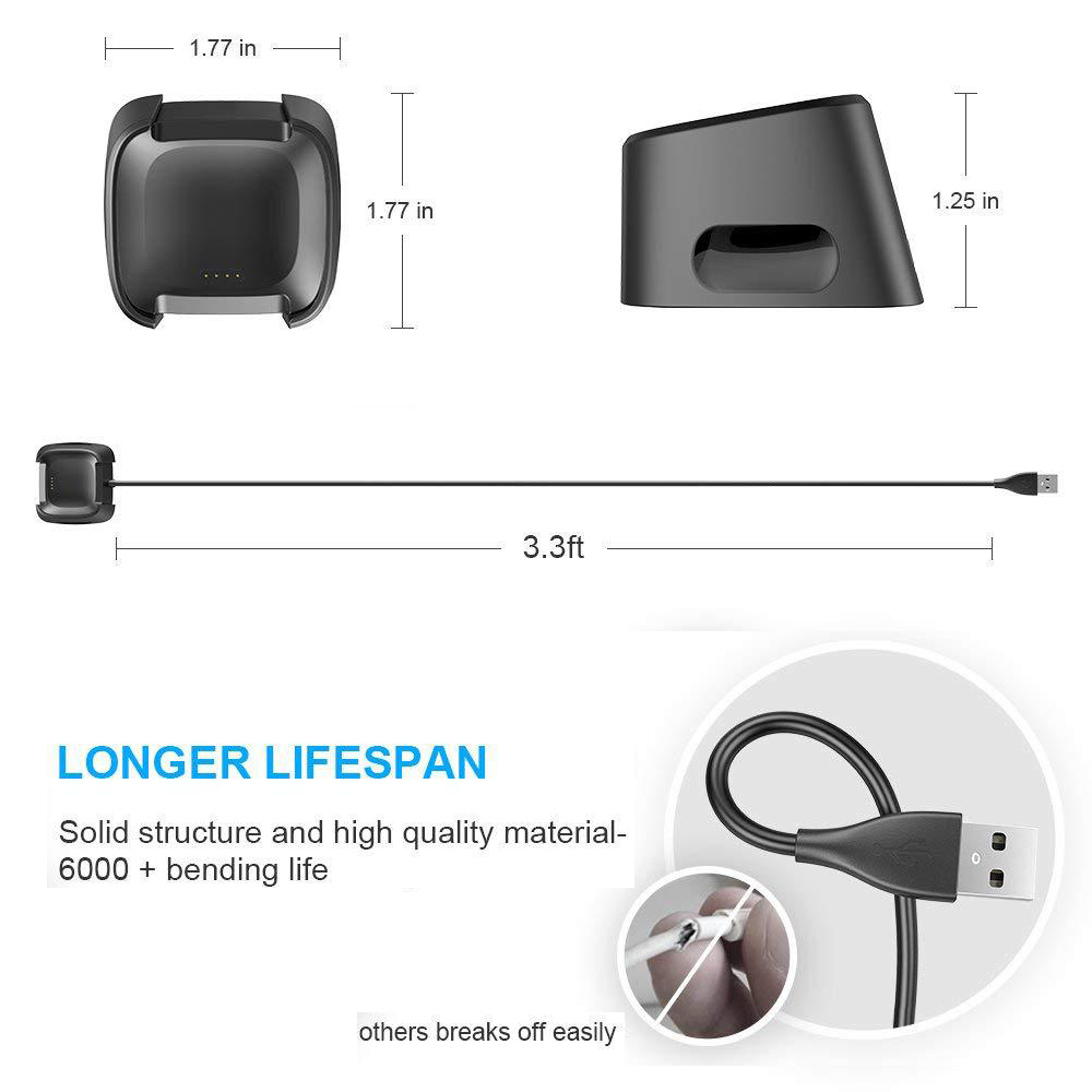 Ein Smartwatch-Ladegerät und -Kabel werden mit Abmessungen angezeigt, die das robuste Design und die Lebensdauer hervorheben.