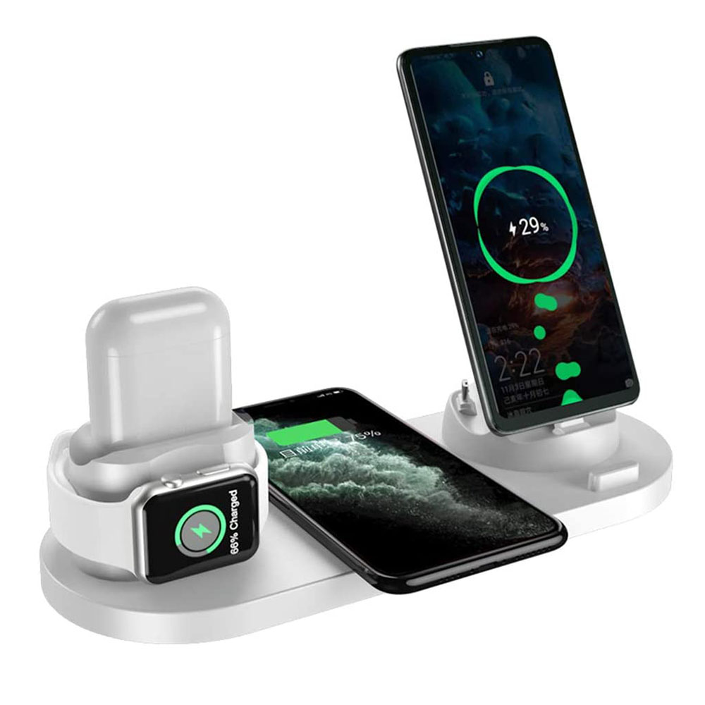 Eine weiße Multi-Device-Ladestation lädt ein Telefon mit 29 %, eine Uhr mit 66 % und ein anderes Telefon mit 75 %.