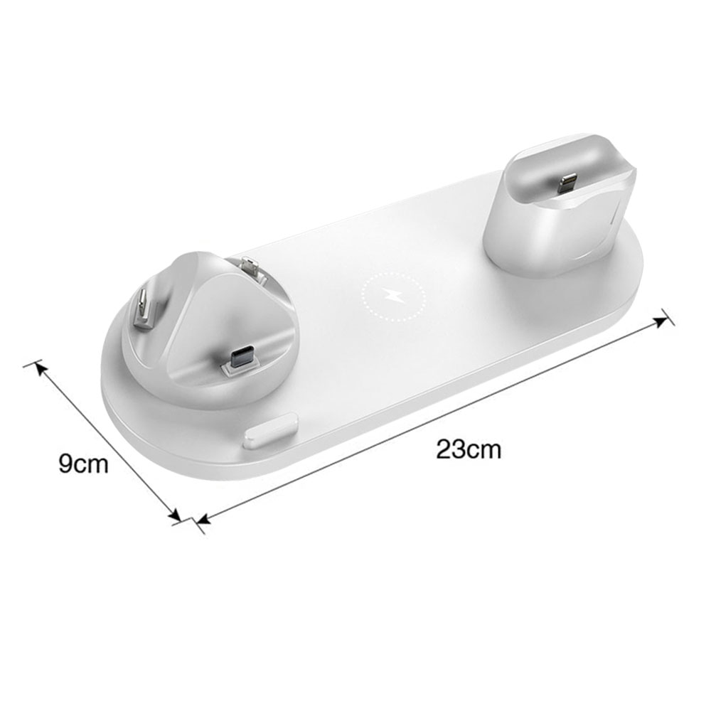Weiße Ladestation mit den Maßen 9cm x 23cm für mehrere Geräte, einschließlich Pods und Uhr.
