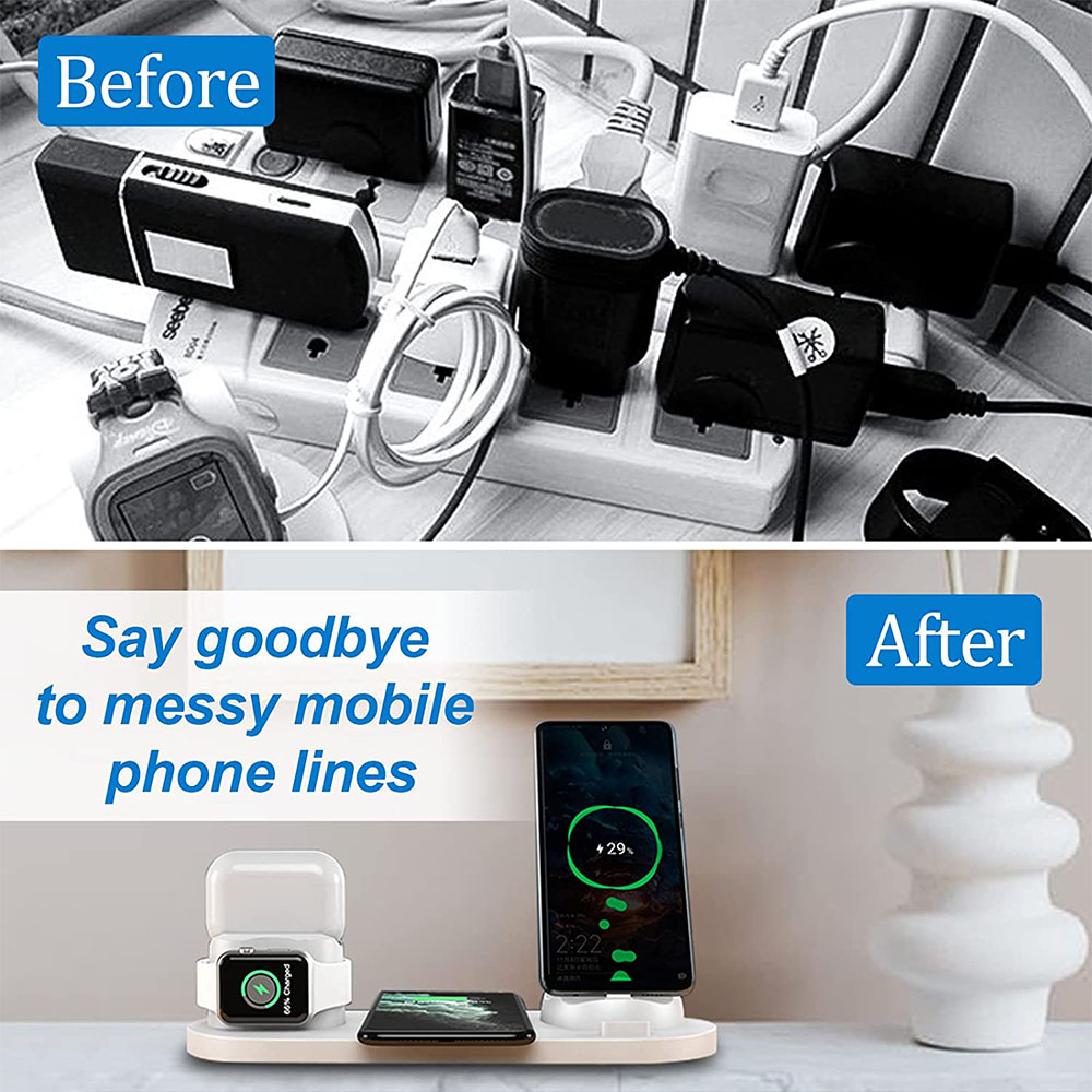 Das Bild zeigt Ladegeräte vor und nach dem Aufräumen, mit einem Telefon, einer Uhr und Pods, die auf einem Pad geladen werden.