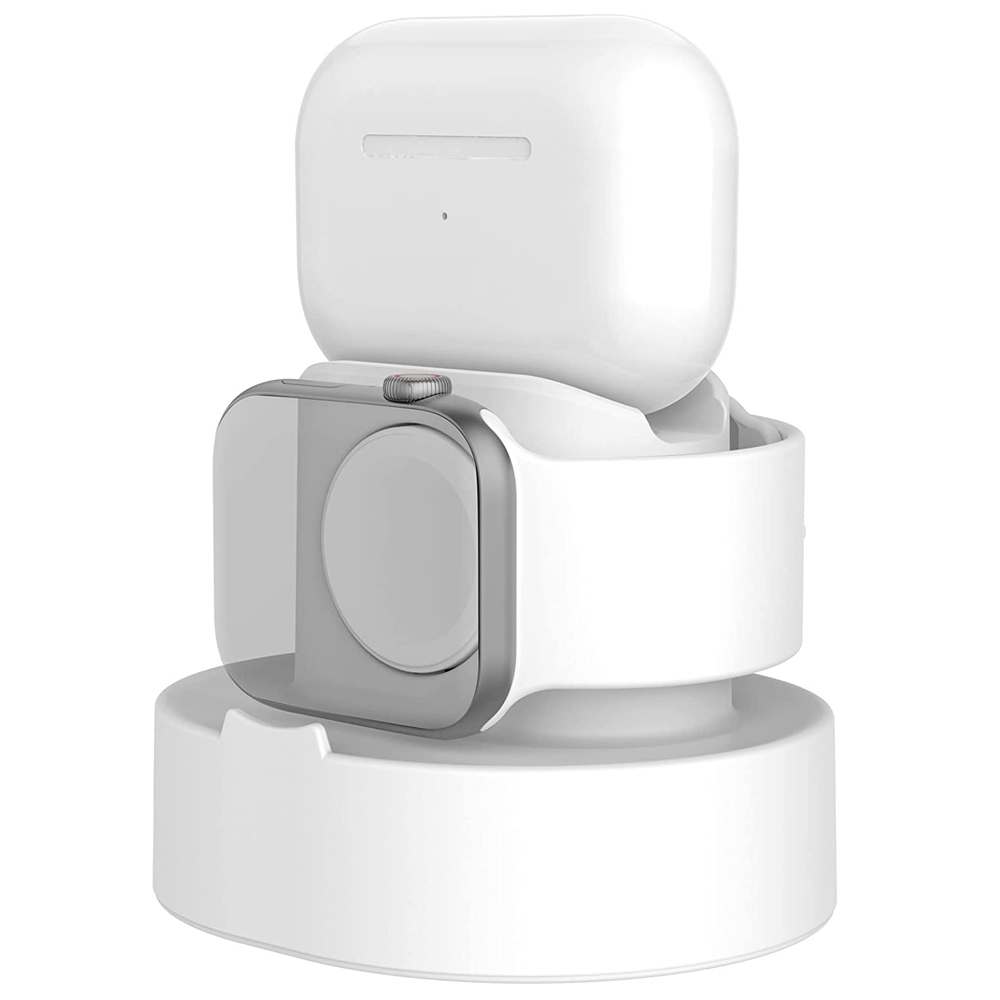 Ein weißer Ladeständer für eine Apple Watch und AirPods, vor einem weißen Hintergrund.