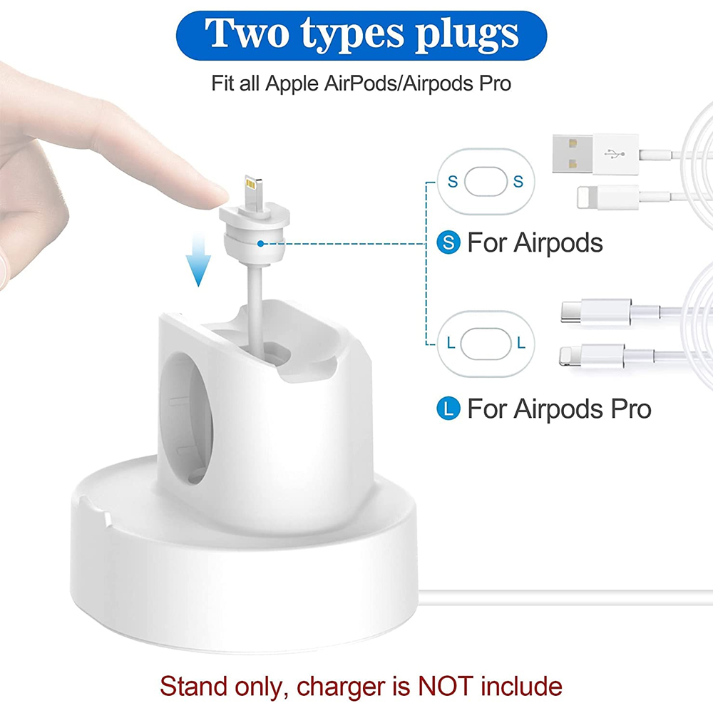 Weißer Ladeständer für AirPods. Ein Finger führt den Stecker zur Basis. Nur Ständer, Ladegerät nicht enthalten.