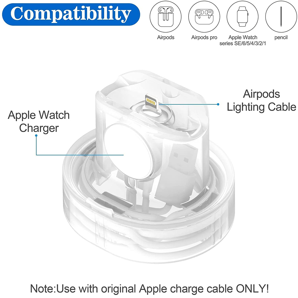 Durchsichtiger Ladeständer für Apple Watch und AirPods. AirPods Lightning Kabel ist sichtbar.