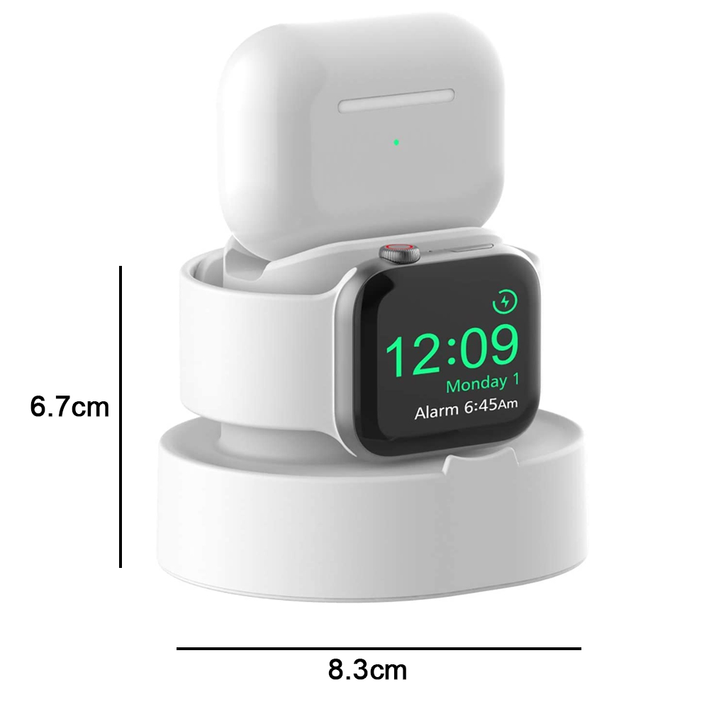 Weißer Ladeständer für Apple Watch und AirPods. Das Zifferblatt der Uhr zeigt 12:09.
